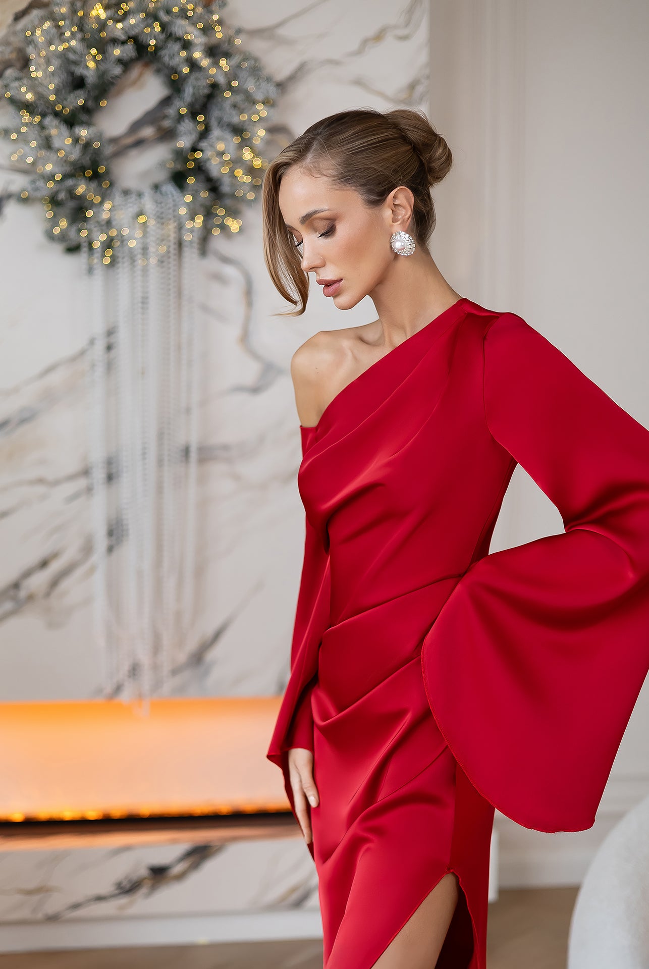Celeste Red Satin Asymmetric One-Shoulder Midi Dress - back view | ELAGIA