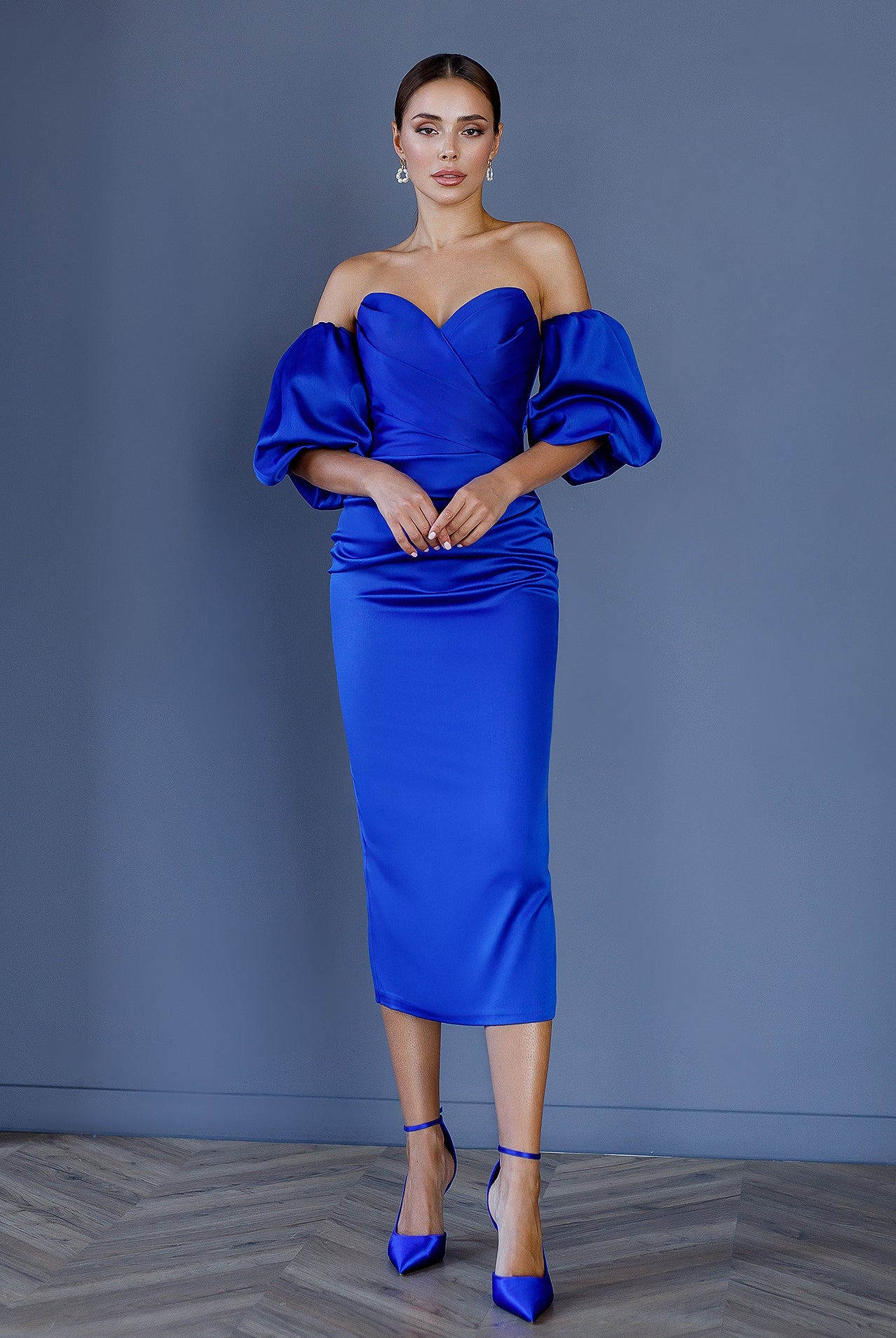 ELAGIA Blue Satin Sweetheart Puff-Sleeve Midi Dress front view - 3 piece women's suit purple business suit women