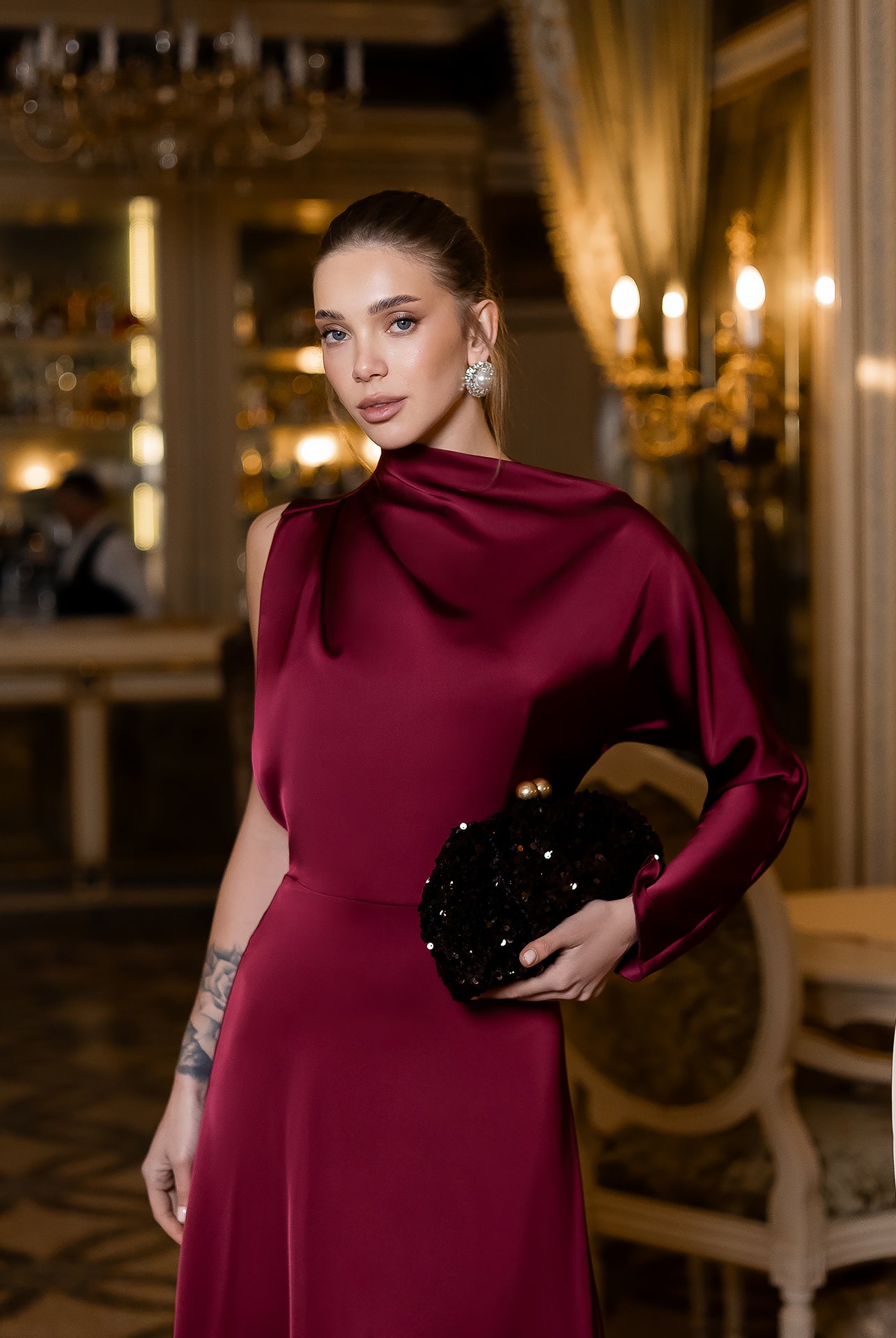 Bordeaux Satin Draped Neck One-Shoulder Maxi Dress - back view | ELAGIA