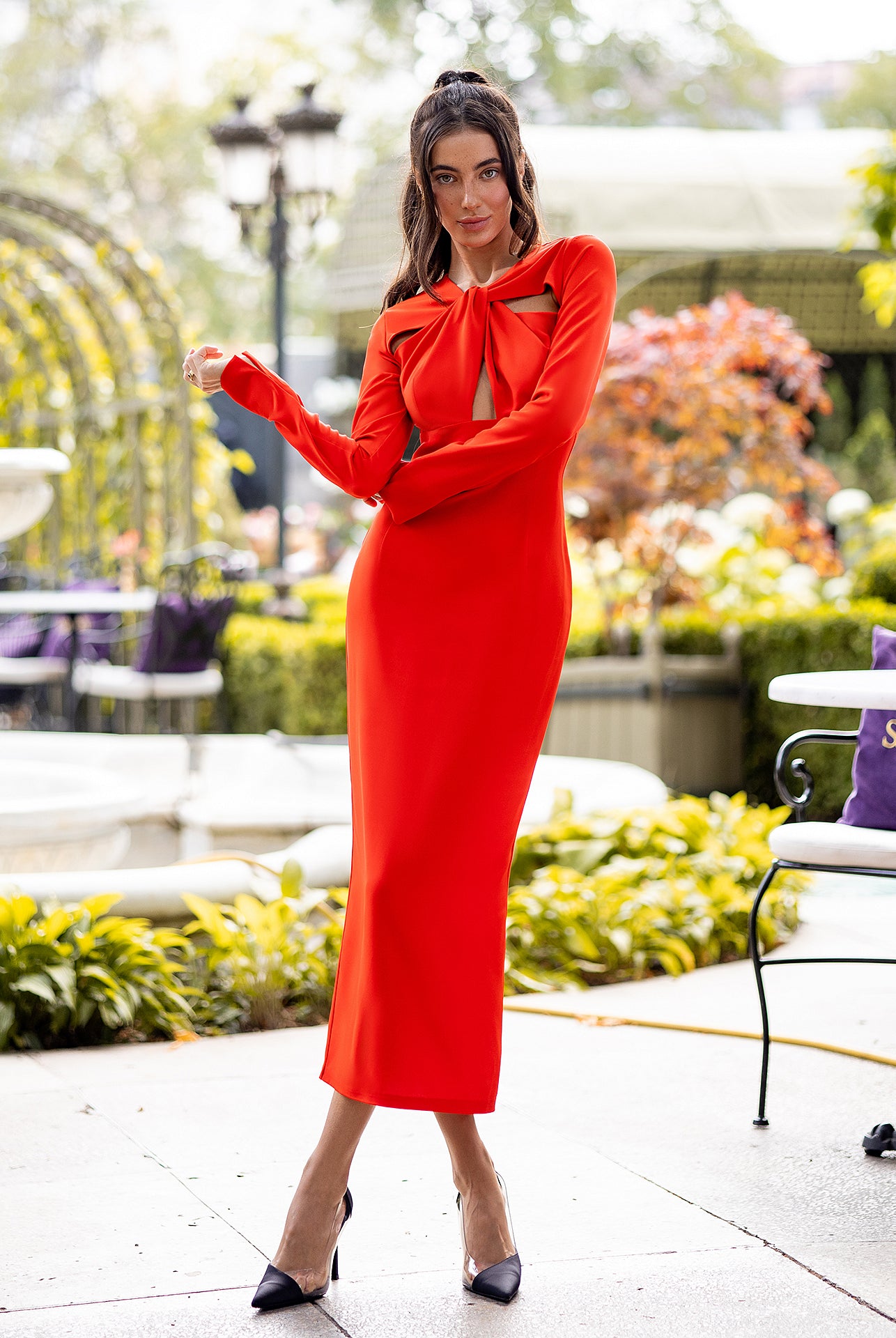 Coral Cut-Out Neck Midi Dress - close-up detail | ELAGIA