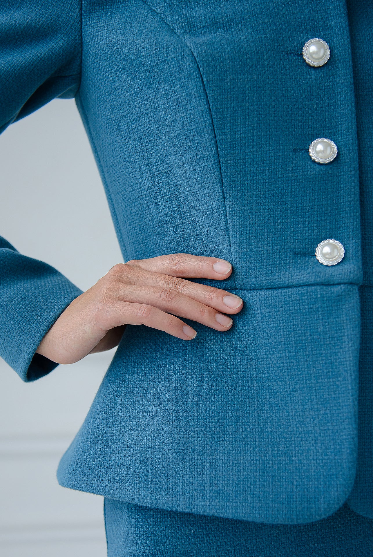 Blue Collarless Tweed Skirt Suit 2-Piece - view 7 | ELAGIA