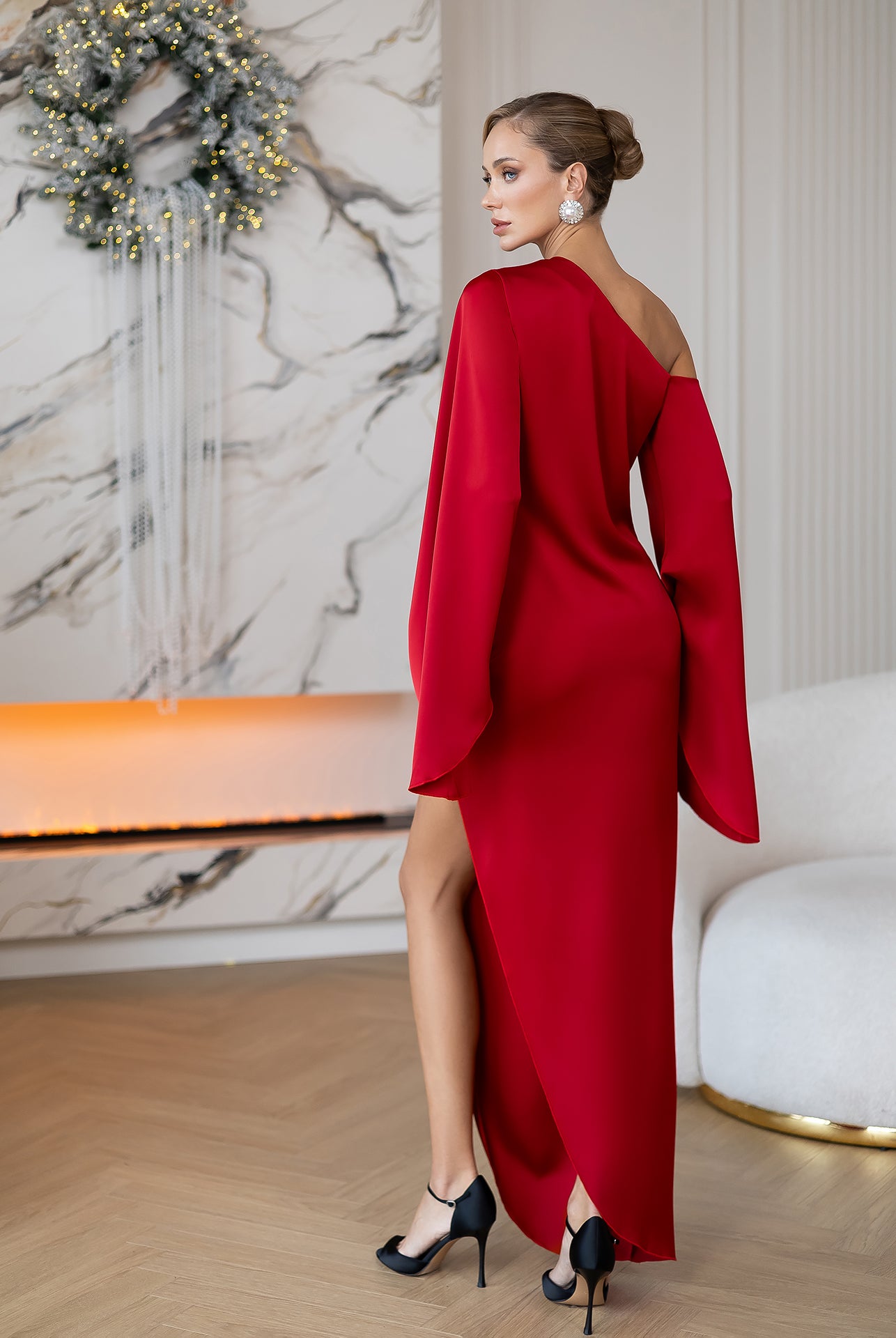 Celeste Red Satin Asymmetric One-Shoulder Midi Dress - side view | ELAGIA
