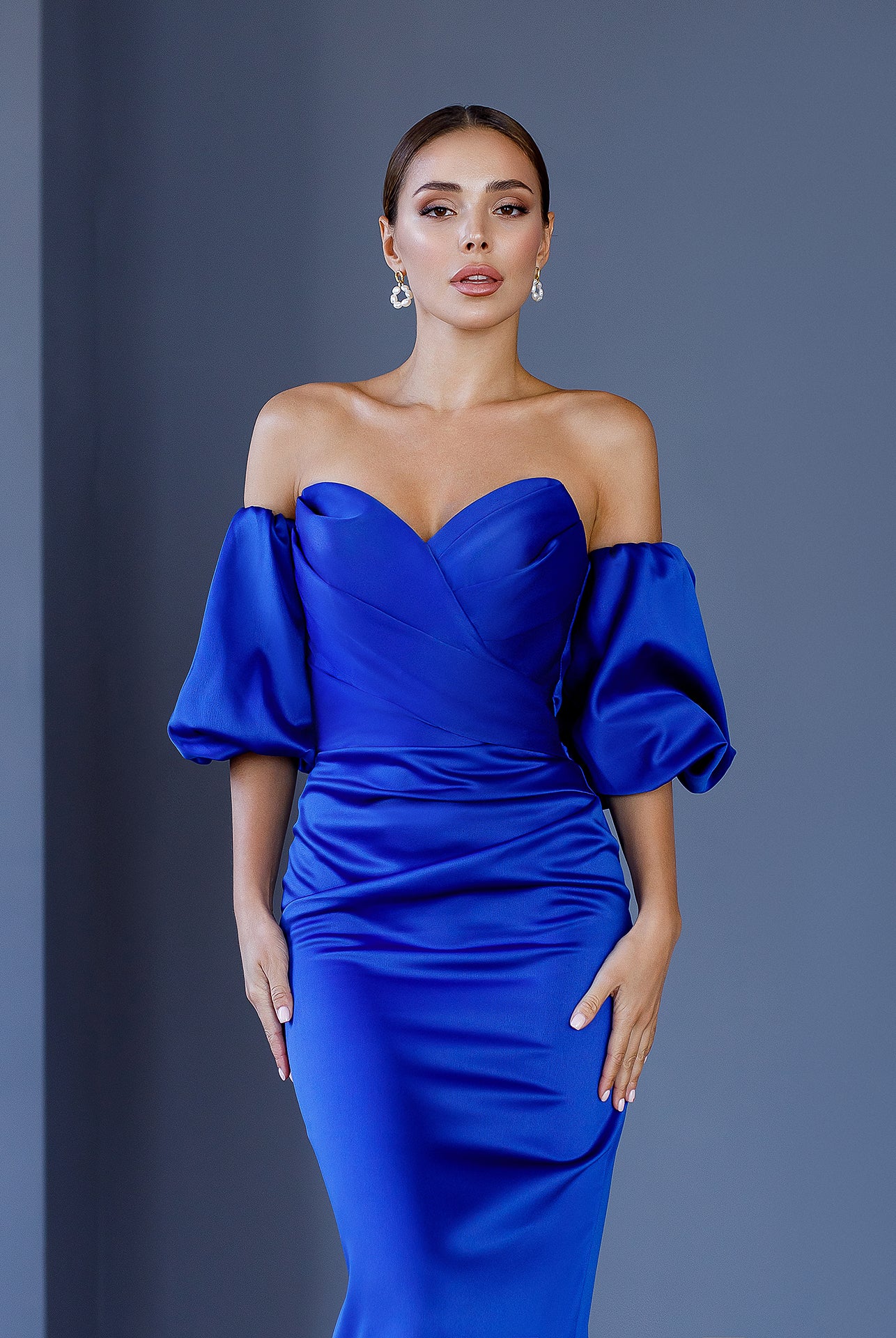 ELAGIA blue satin sweetheart puff-sleeve midi dress back view - 3 piece women's suit purple business suit women