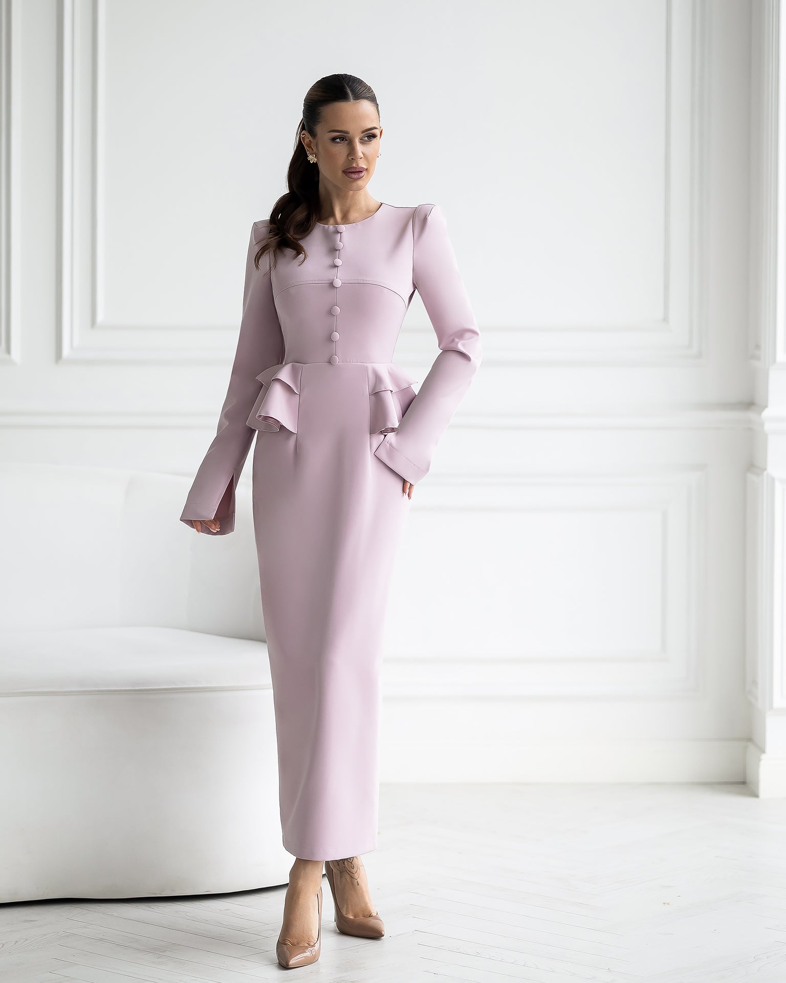 ELAGIA Paola Dusty-Pink Button-Detail Long Sleeve Peplum Midi Dress detail view - 3 piece women's suit purple business suit