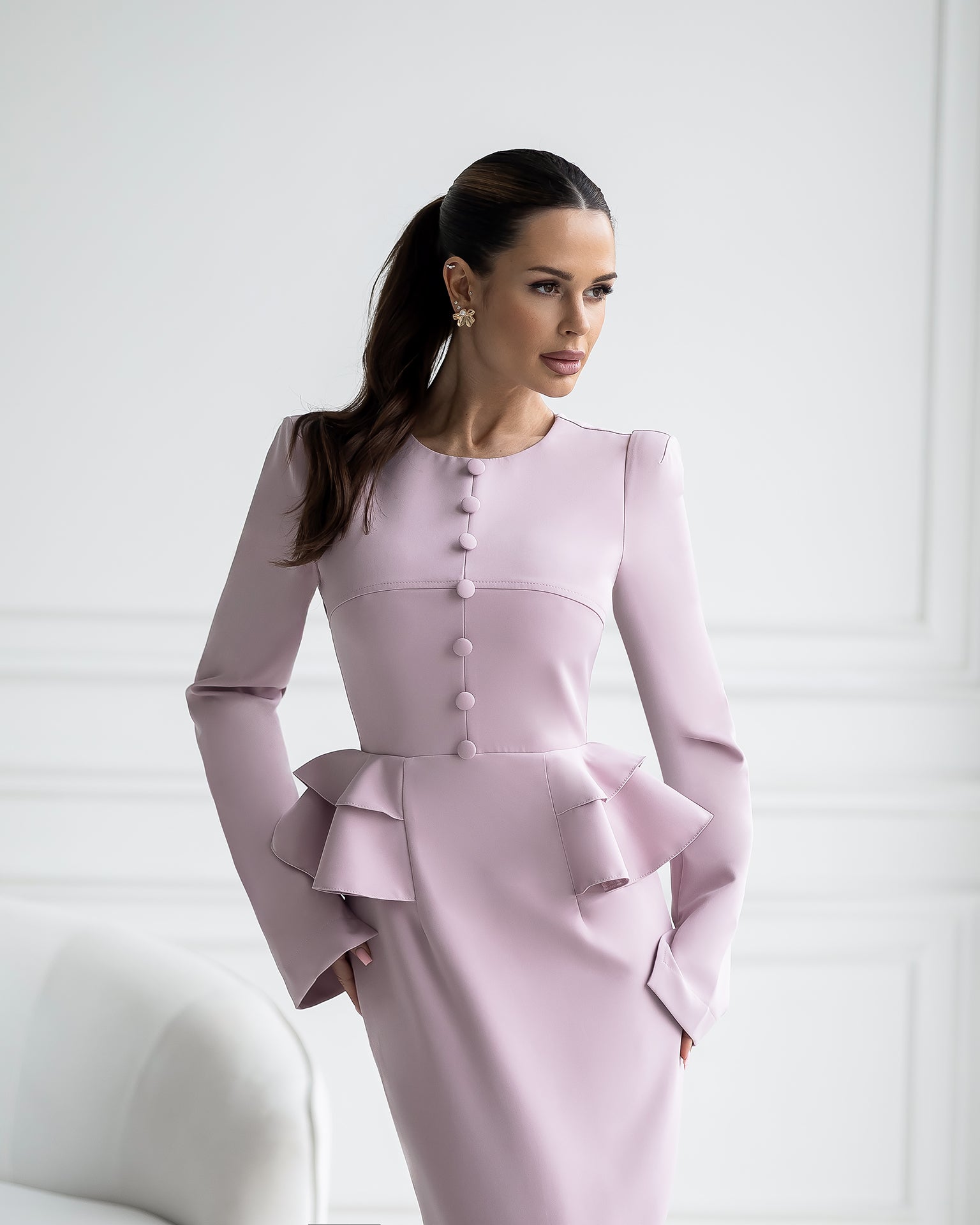 ELAGIA Paola dusty-pink button-detail long sleeve peplum midi dress front view, purple business suit women style