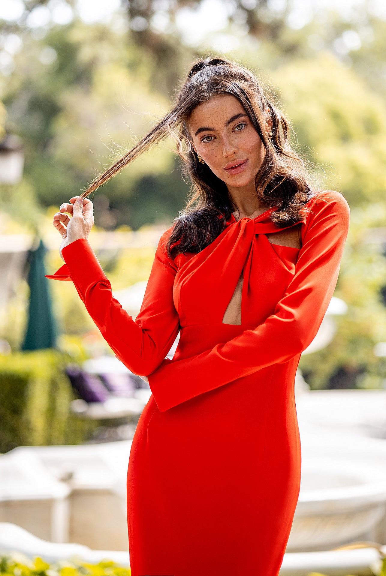 Coral Cut-Out Neck Midi Dress - view 6 | ELAGIA