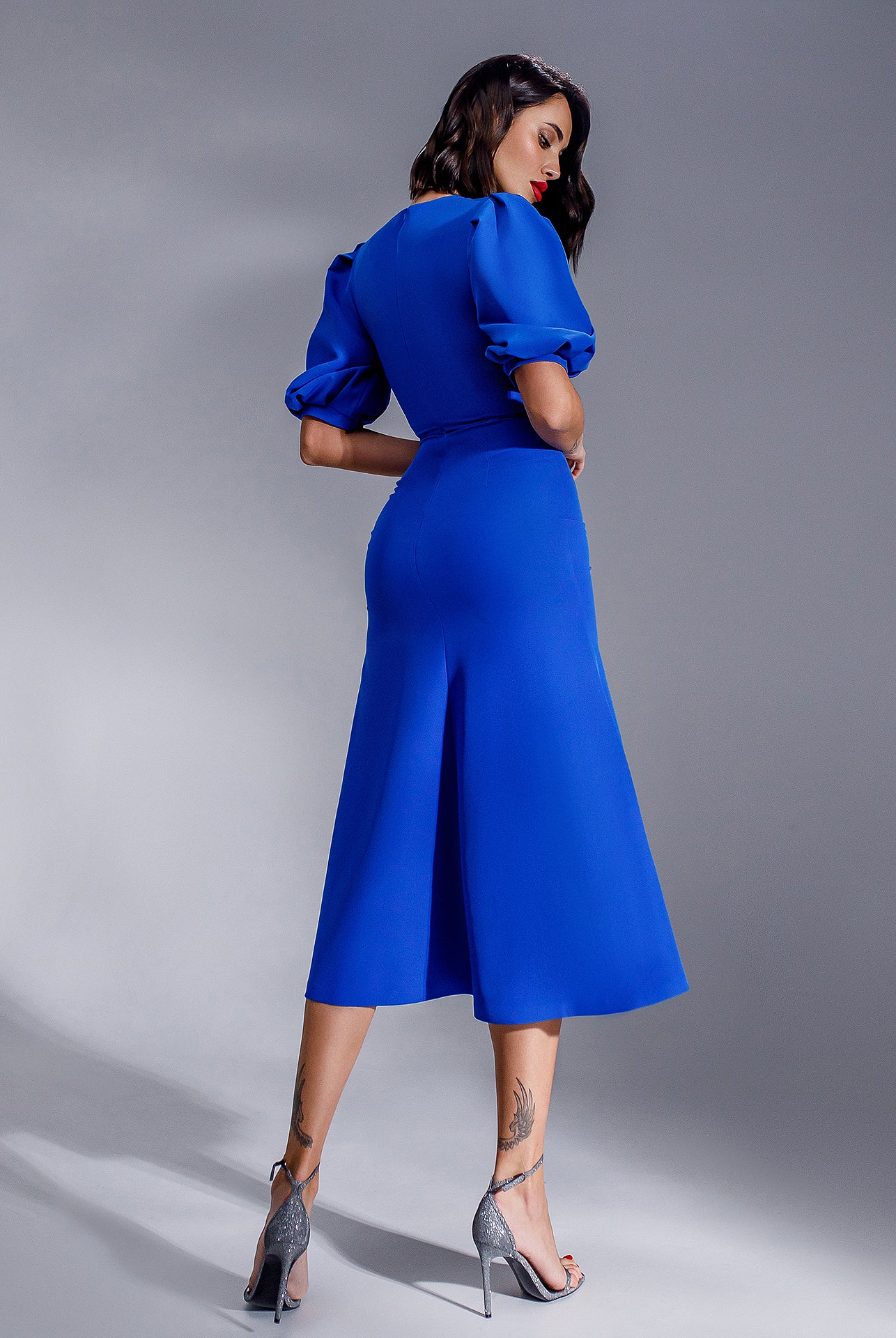 Blue Puff-Sleeve Midi Dress - view 8 | ELAGIA