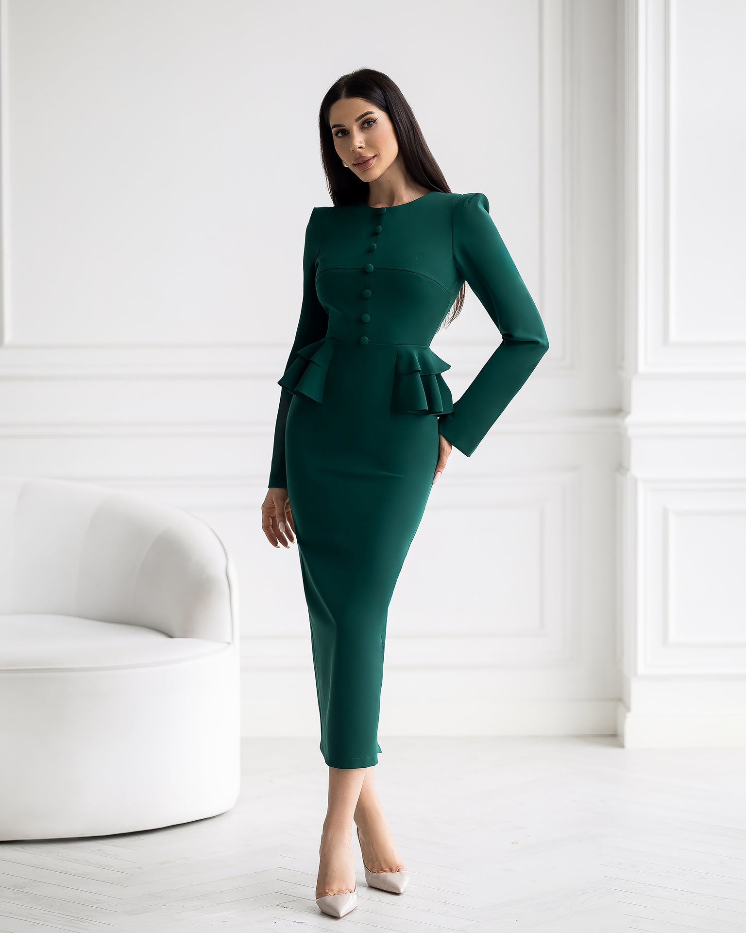 ELAGIA Paola emerald button-detail long sleeve peplum midi dress front perspective, purple business suit women