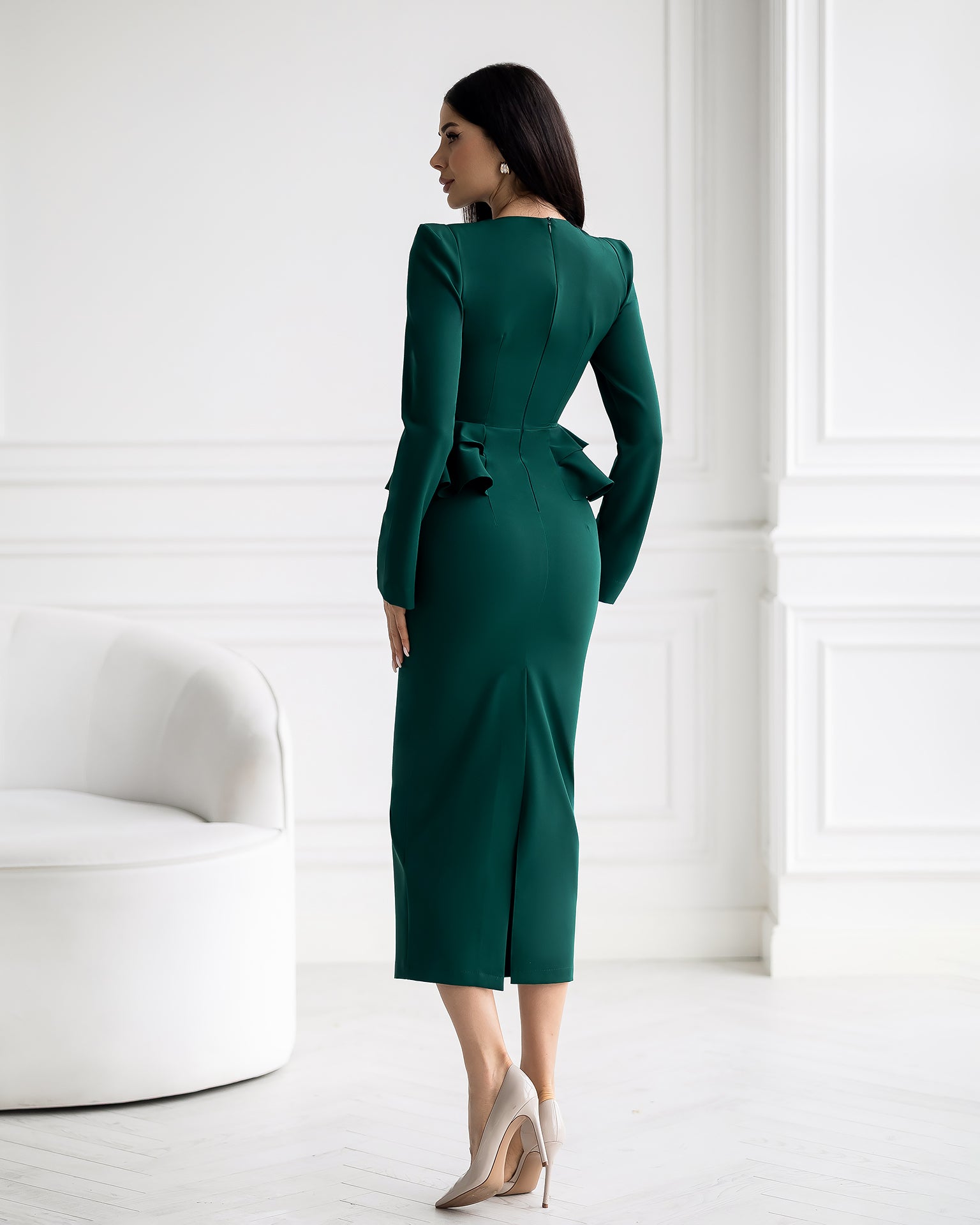 ELAGIA Paola emerald button-detail long sleeve peplum midi dress front shot, 3 piece women's suit influence