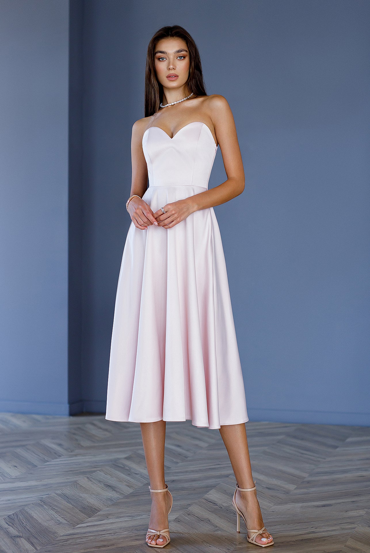 ELAGIA dusty pink satin corseted strapless dress full length view - purple business suit women formal option