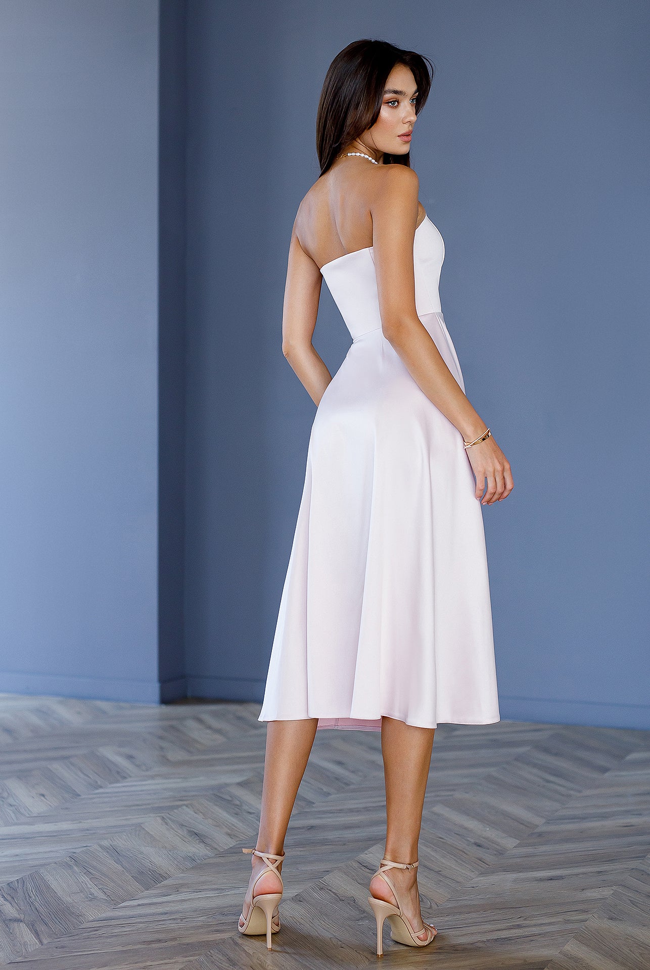 ELAGIA dusty pink satin corseted strapless dress styled with accessories - 3 piece women's suit alternative