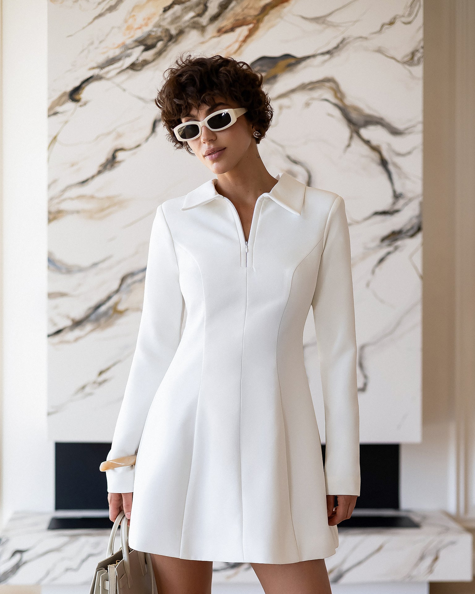 ELAGIA Eva White Collared Long-Sleeve Mini Dress front view - 3 piece women's suit purple business suit women style