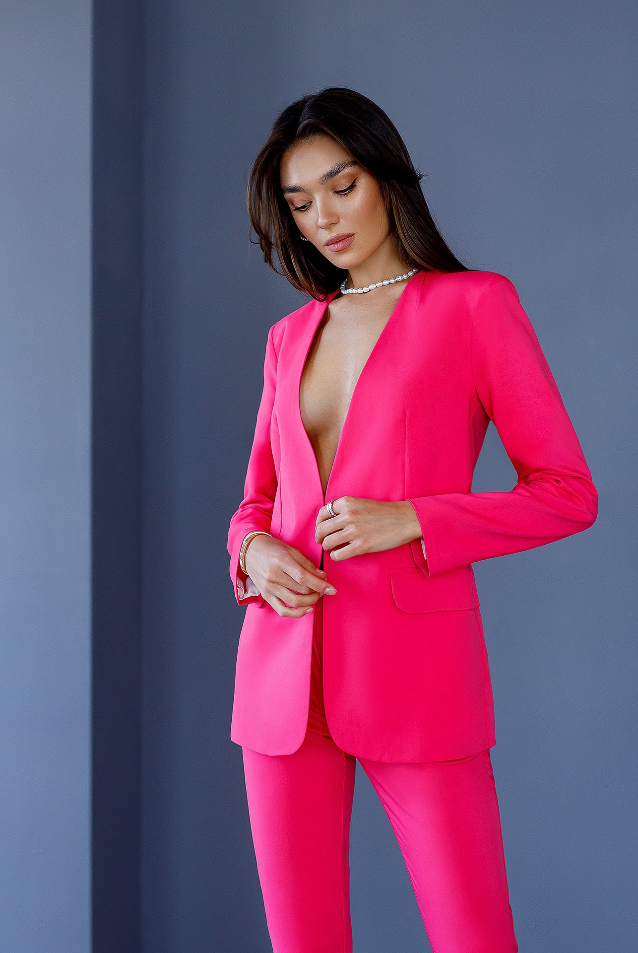 Crimson Collarless Suit 2-Piece - back view | ELAGIA