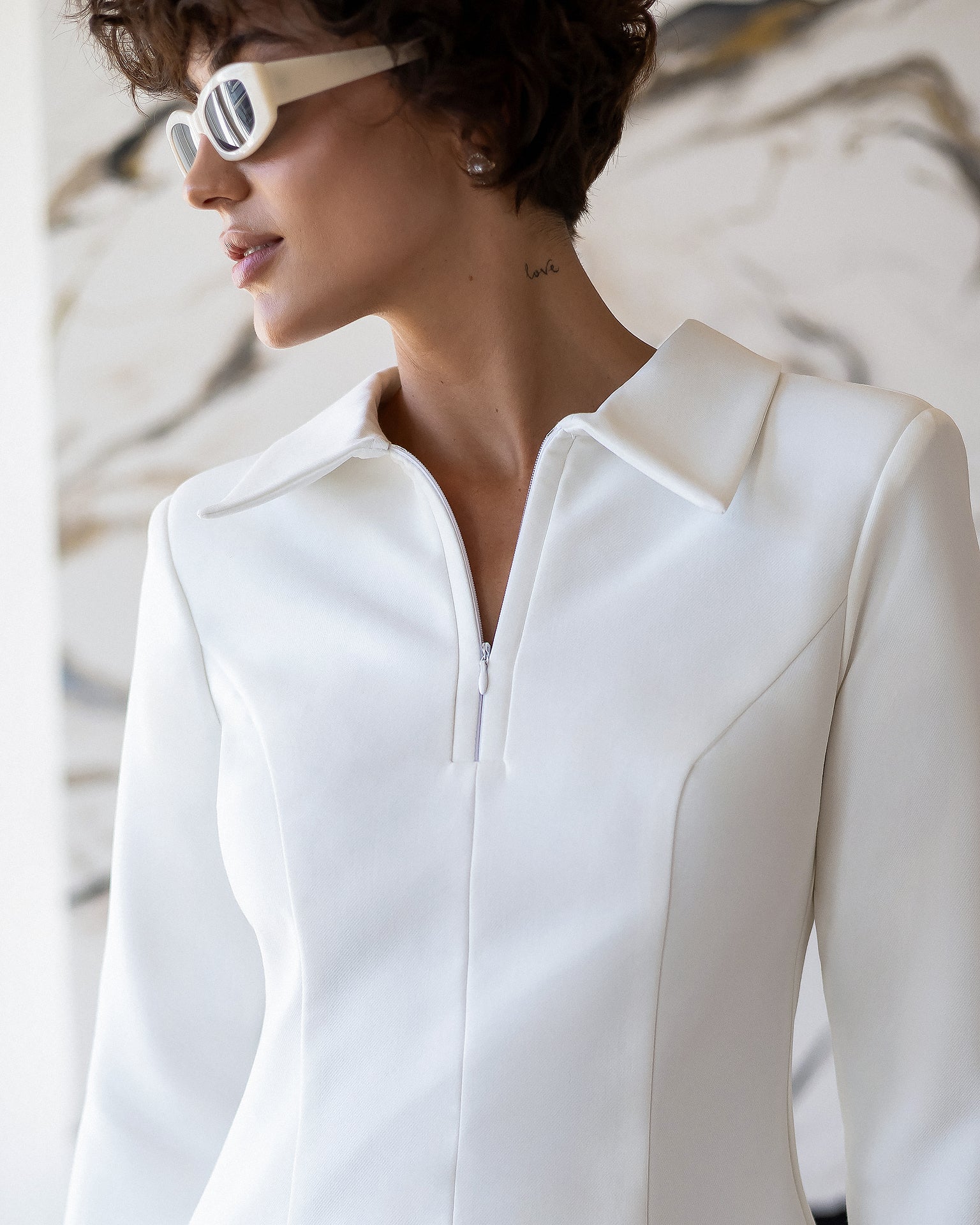 ELAGIA Eva White Collared Long-Sleeve Mini Dress front view - 3 piece women's suit purple business suit women style