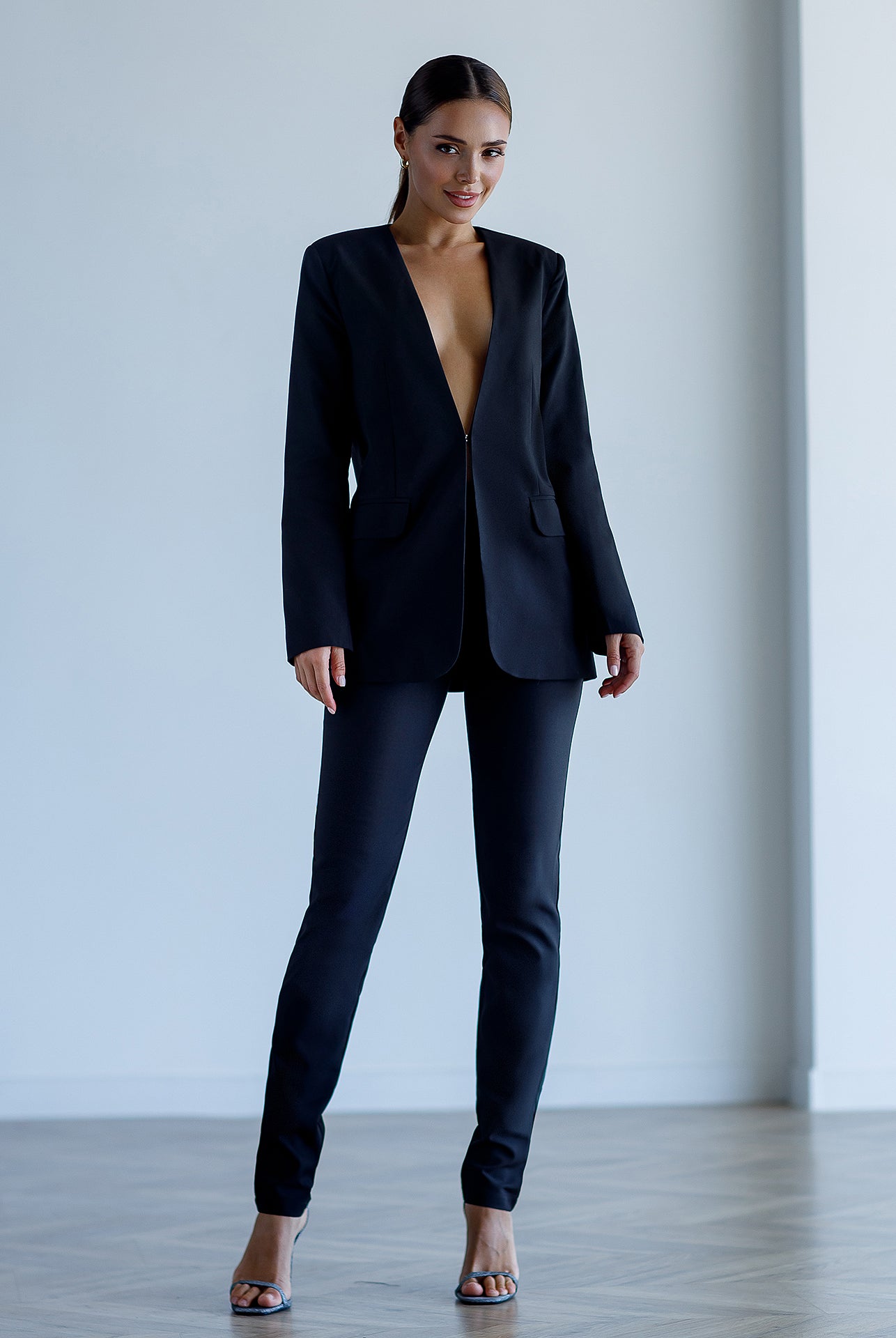 Black Collarless Suit 2-Piece - styled look | ELAGIA