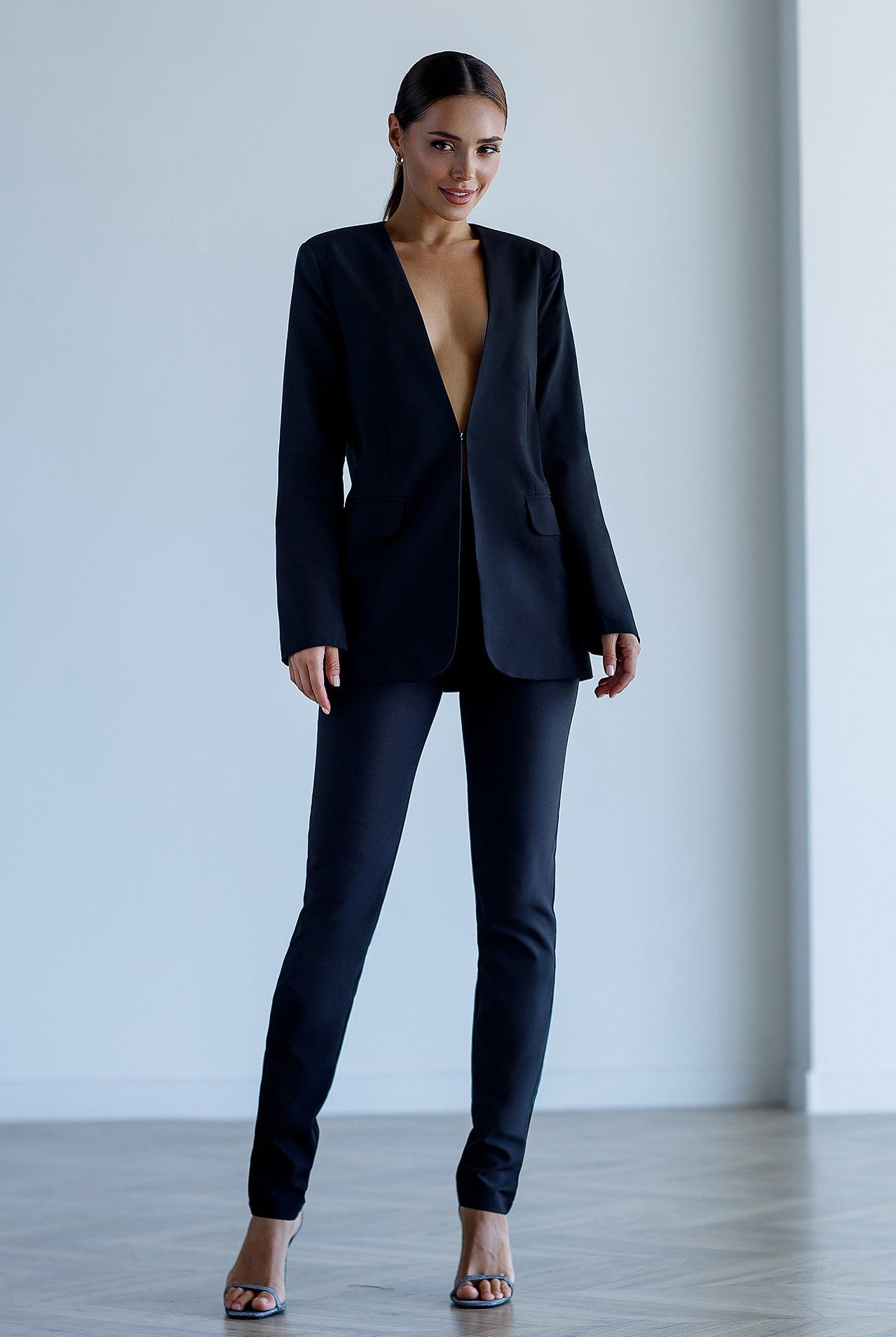 Black Collarless Suit 2-Piece - front view | ELAGIA