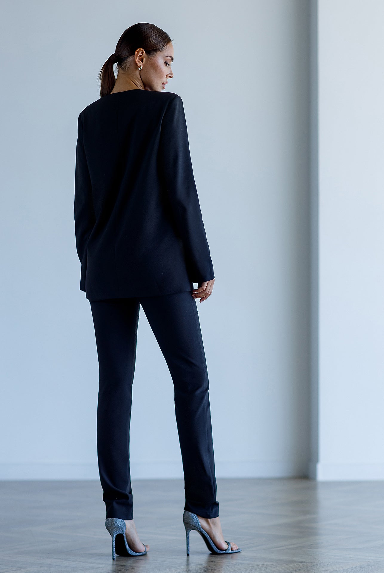 Black Collarless Suit 2-Piece - side view | ELAGIA