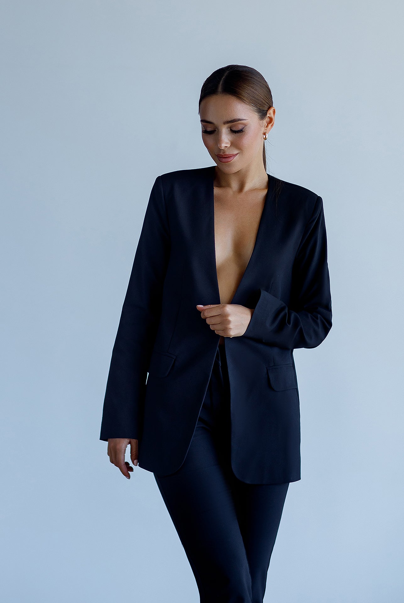Black Collarless Suit 2-Piece - back view | ELAGIA