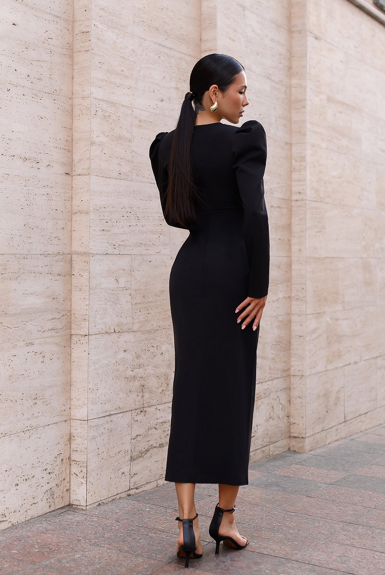 Anne Black Puff Sleeve Midi Dress - styled look | ELAGIA