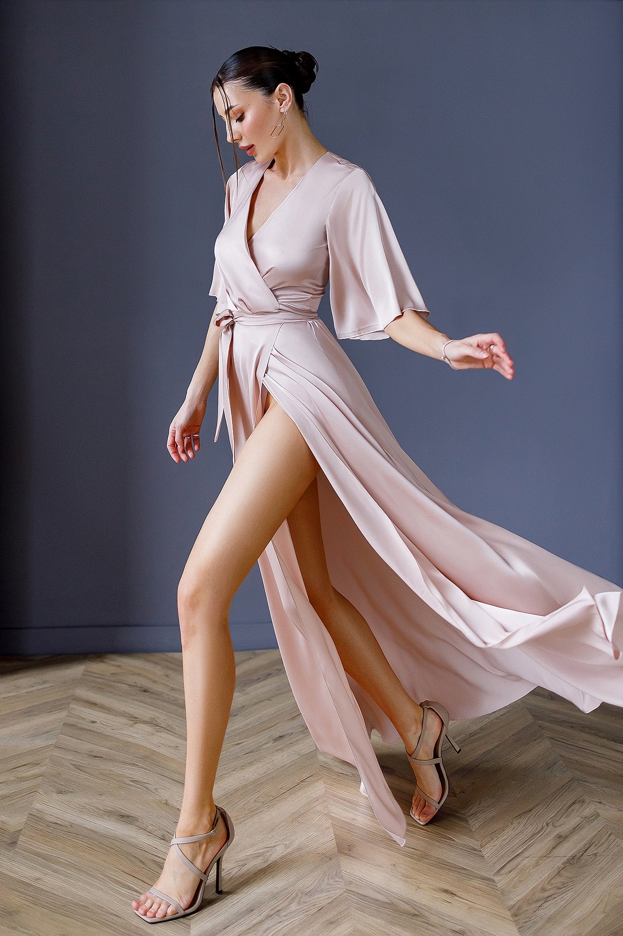 Dusty Pink Silk Wrap Maxi Dress