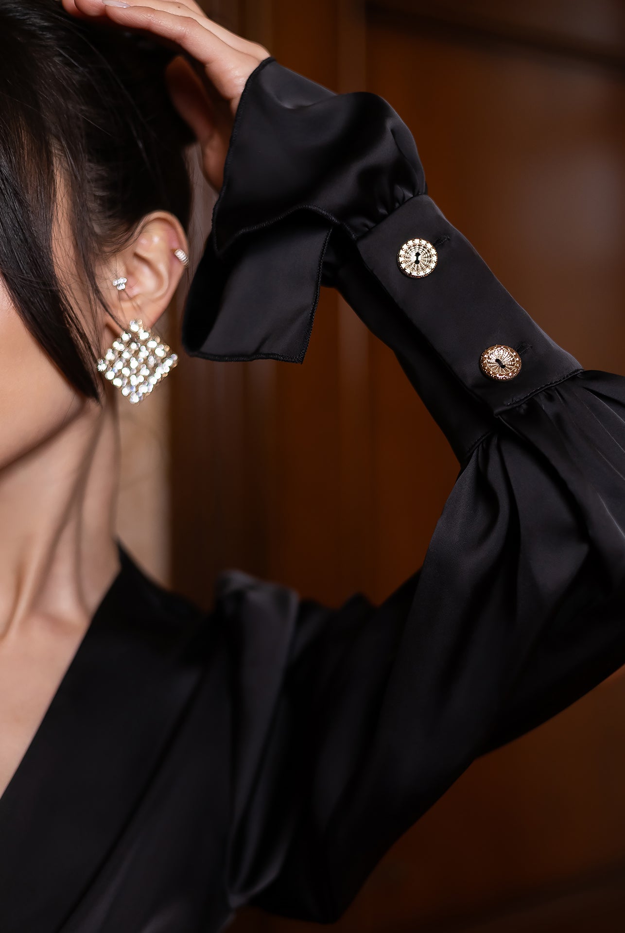 ELAGIA Silvia Black Satin Deep V-Neck Puff-Sleeve Maxi Dress close-up detail - purple business suit women style elements