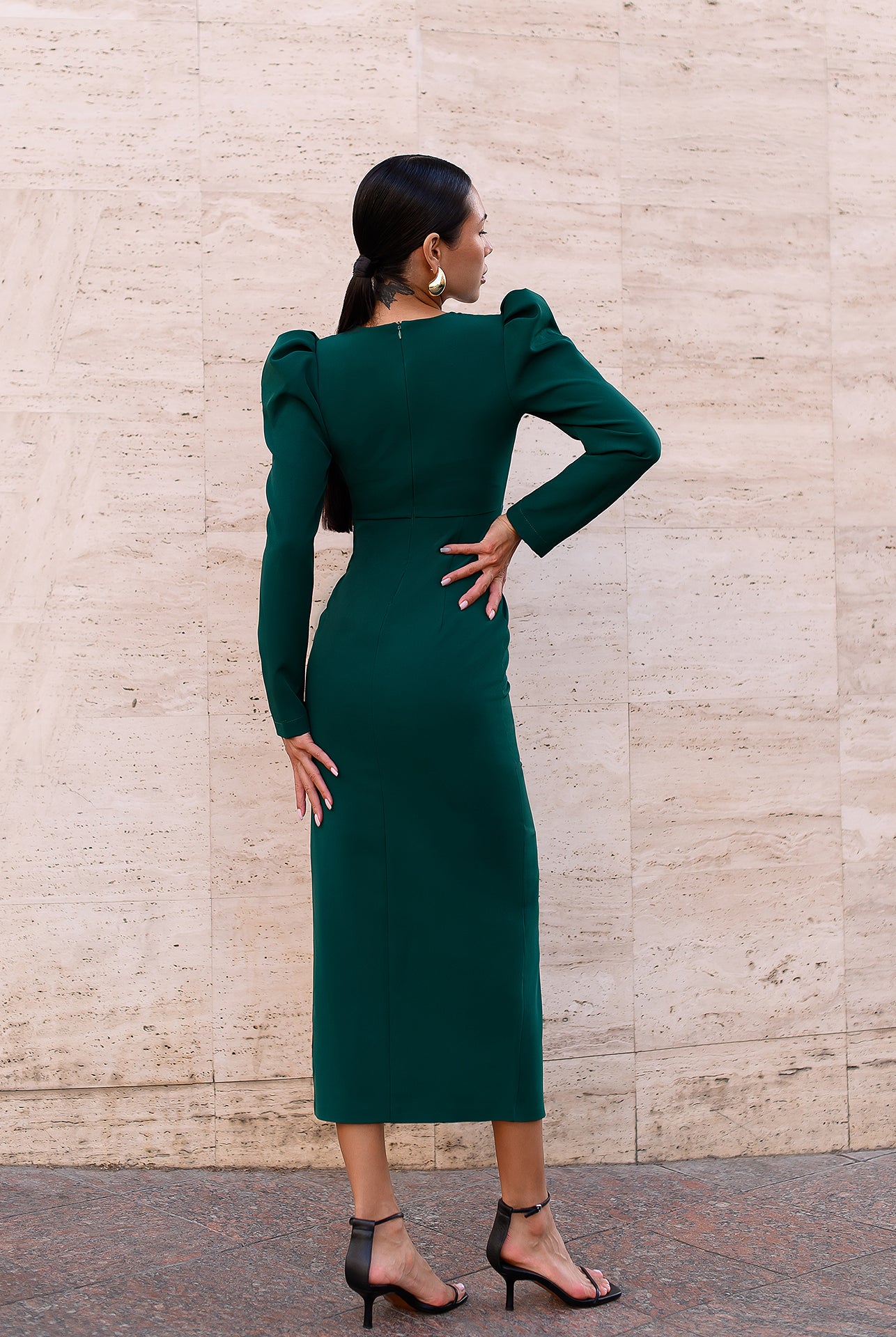 Anne Emerald Puff Sleeve Midi Dress - view 6 | ELAGIA