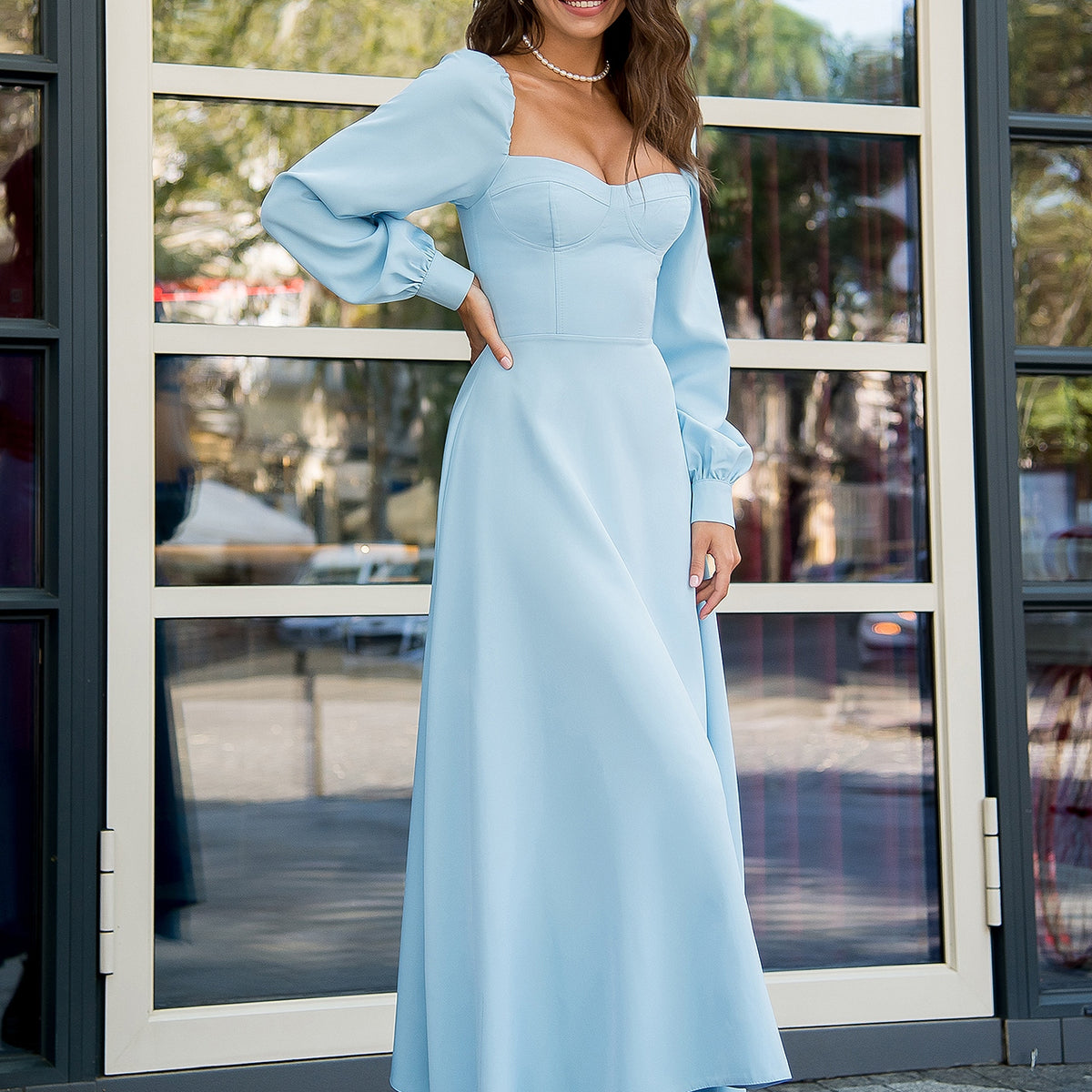 knee length dresses for ladies Blue Floral Puff Sleeve Midi Dress – PinkBlush