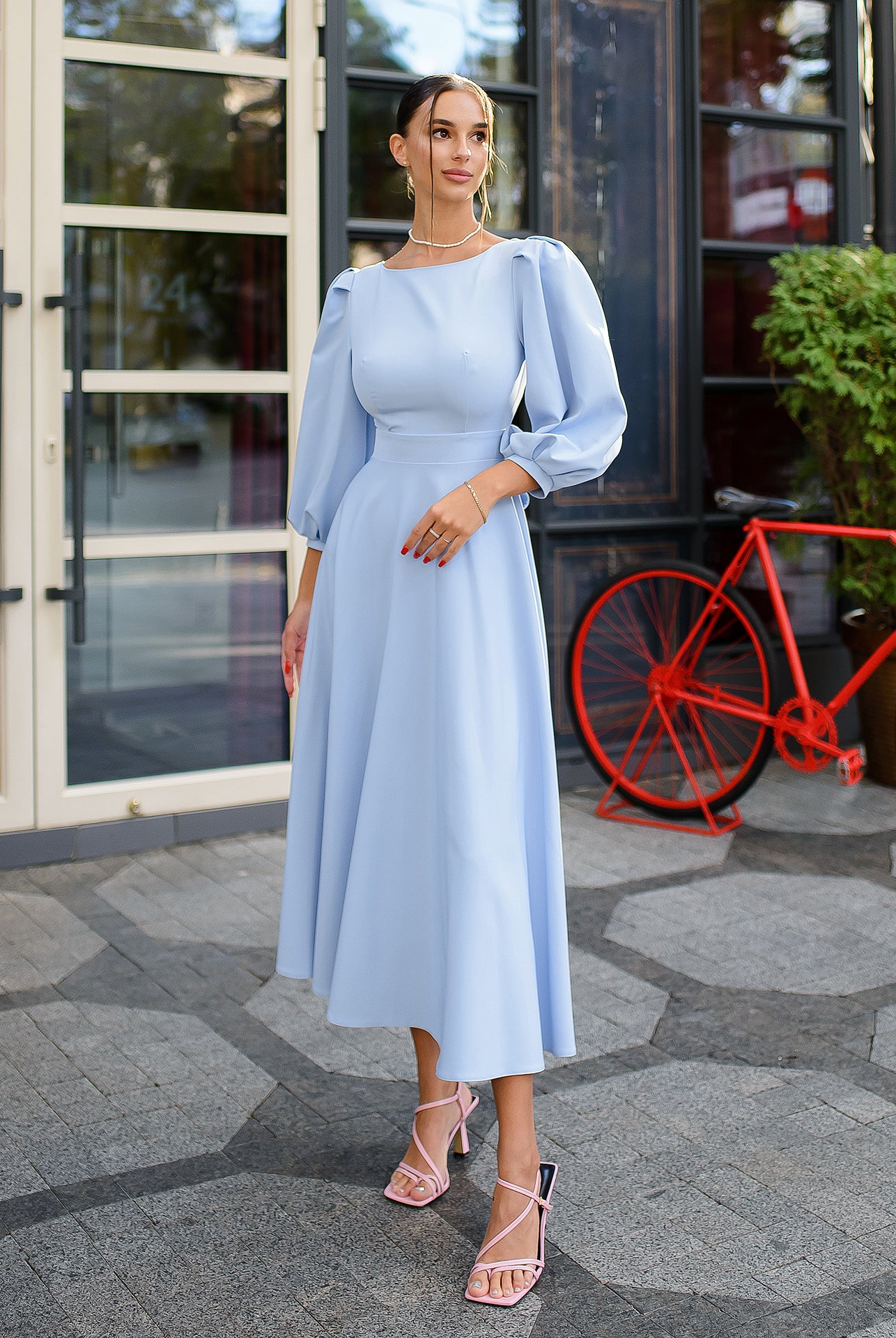 Sky-Blue Backless Puff Sleeve Midi Dress - front view | ELAGIA