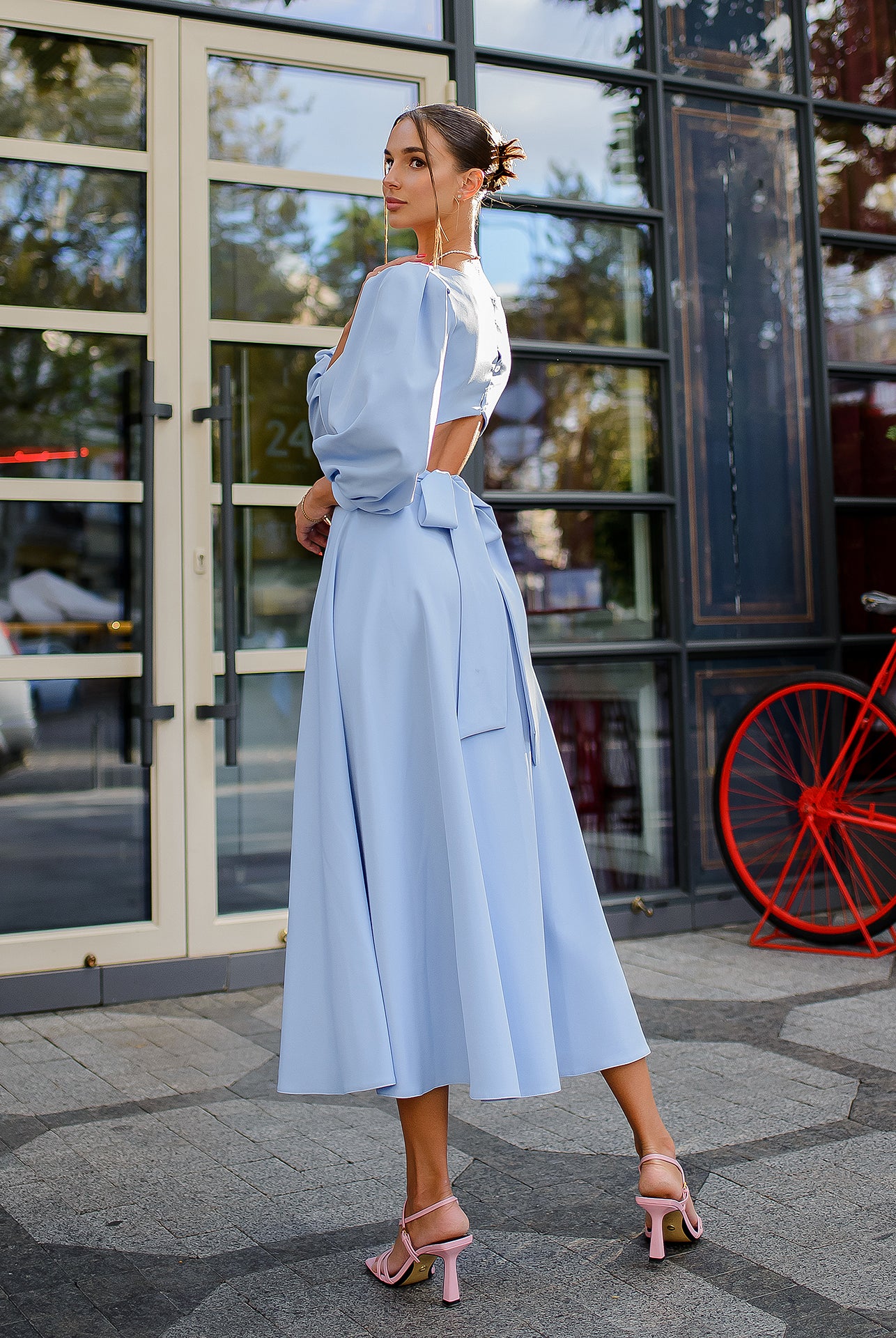 Sky-Blue Backless Puff Sleeve Midi Dress - side view | ELAGIA