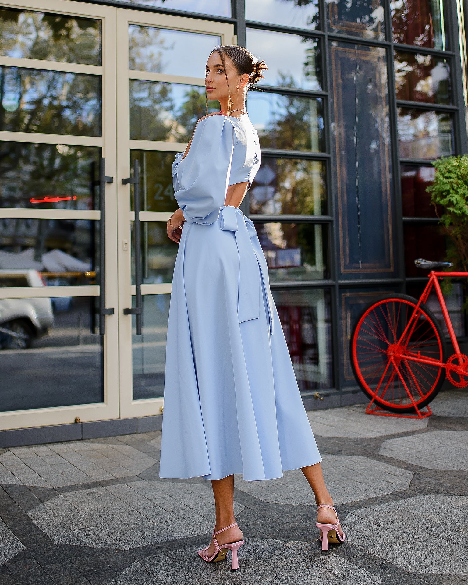 Sky-Blue Backless Puff Sleeve Midi Dress - side view | ELAGIA