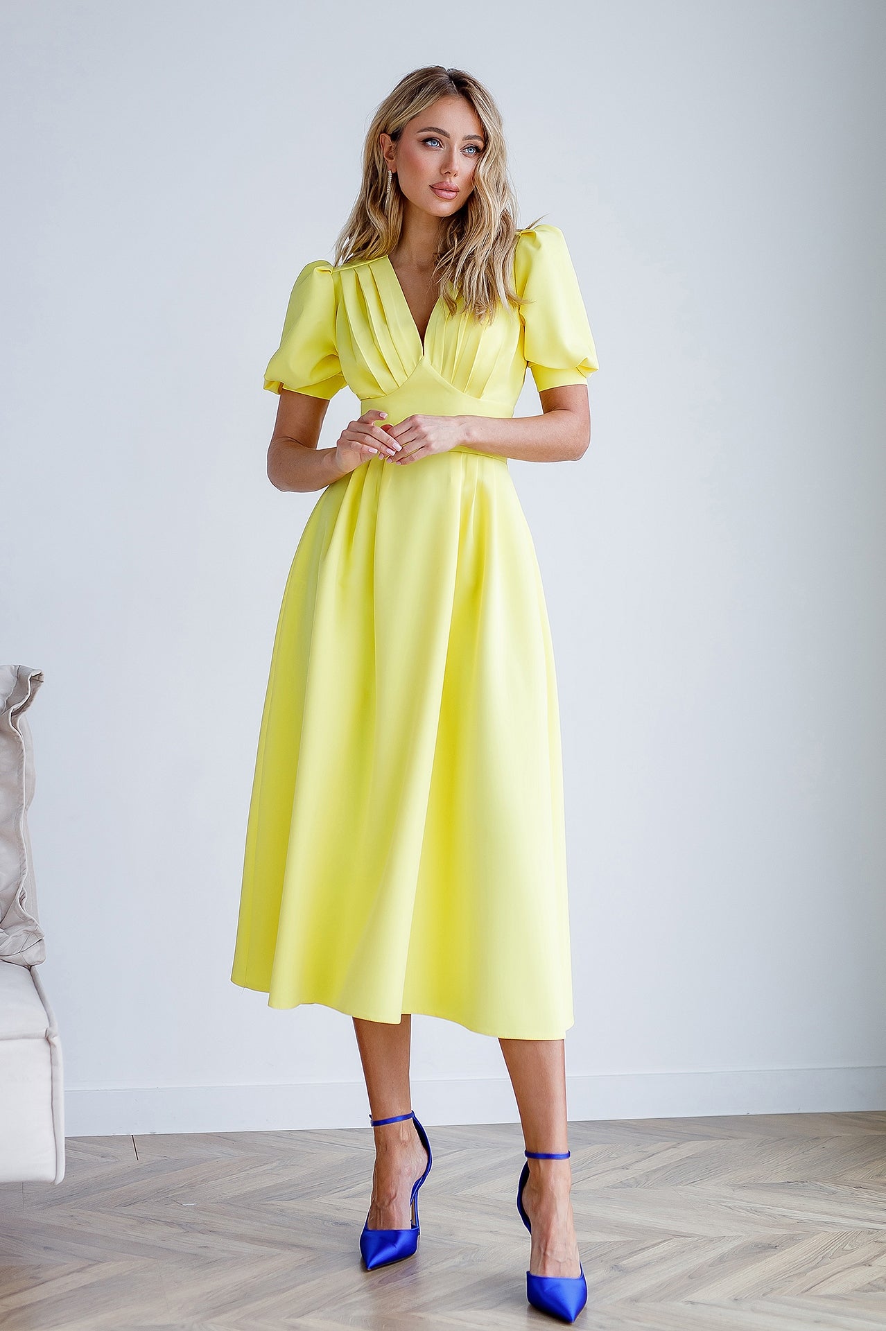 (4p. pack) Yellow floral V-Neck Printed Midi Dress - T-80