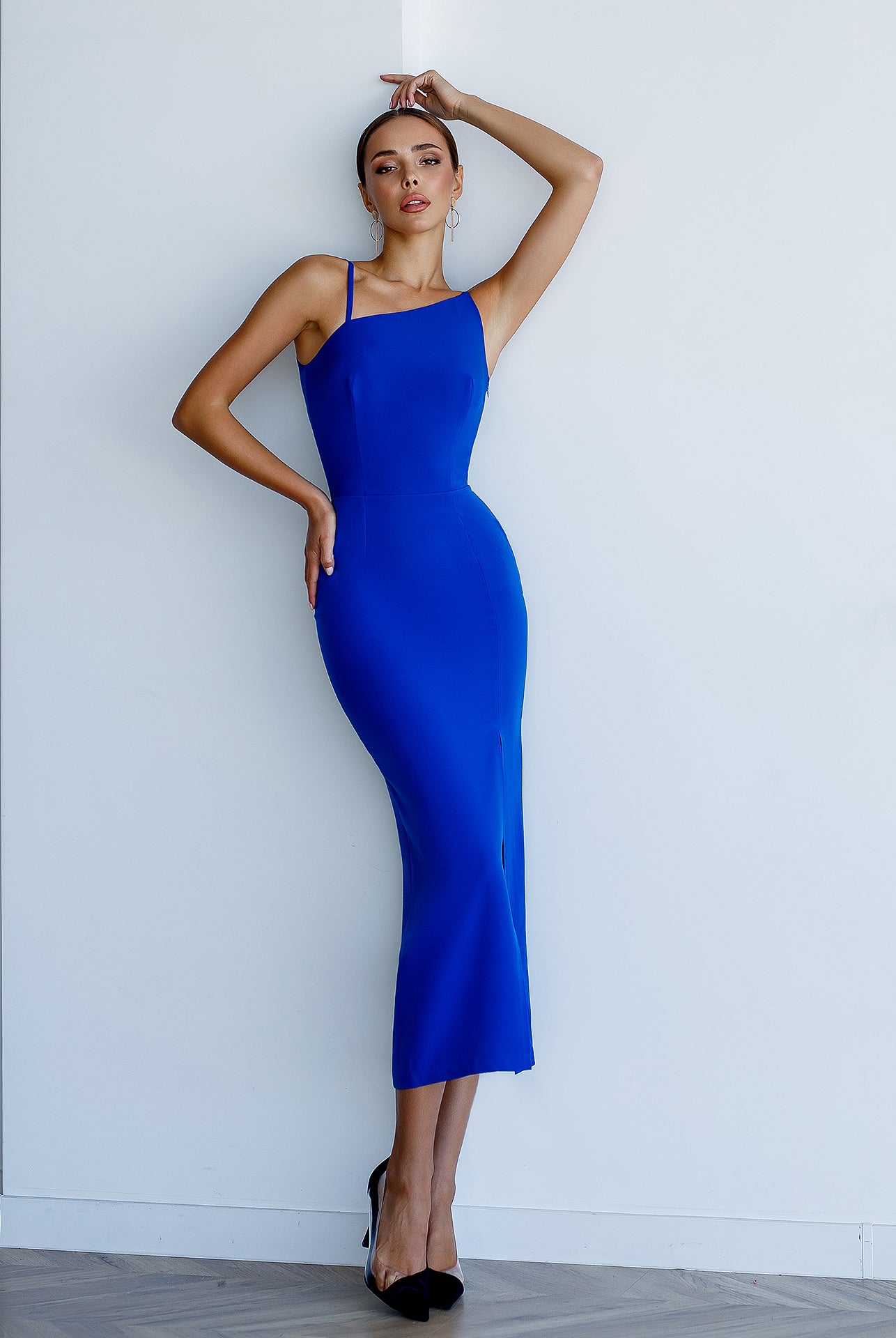 Blue Asymmetric Neckline Midi Dress - view 7 | ELAGIA