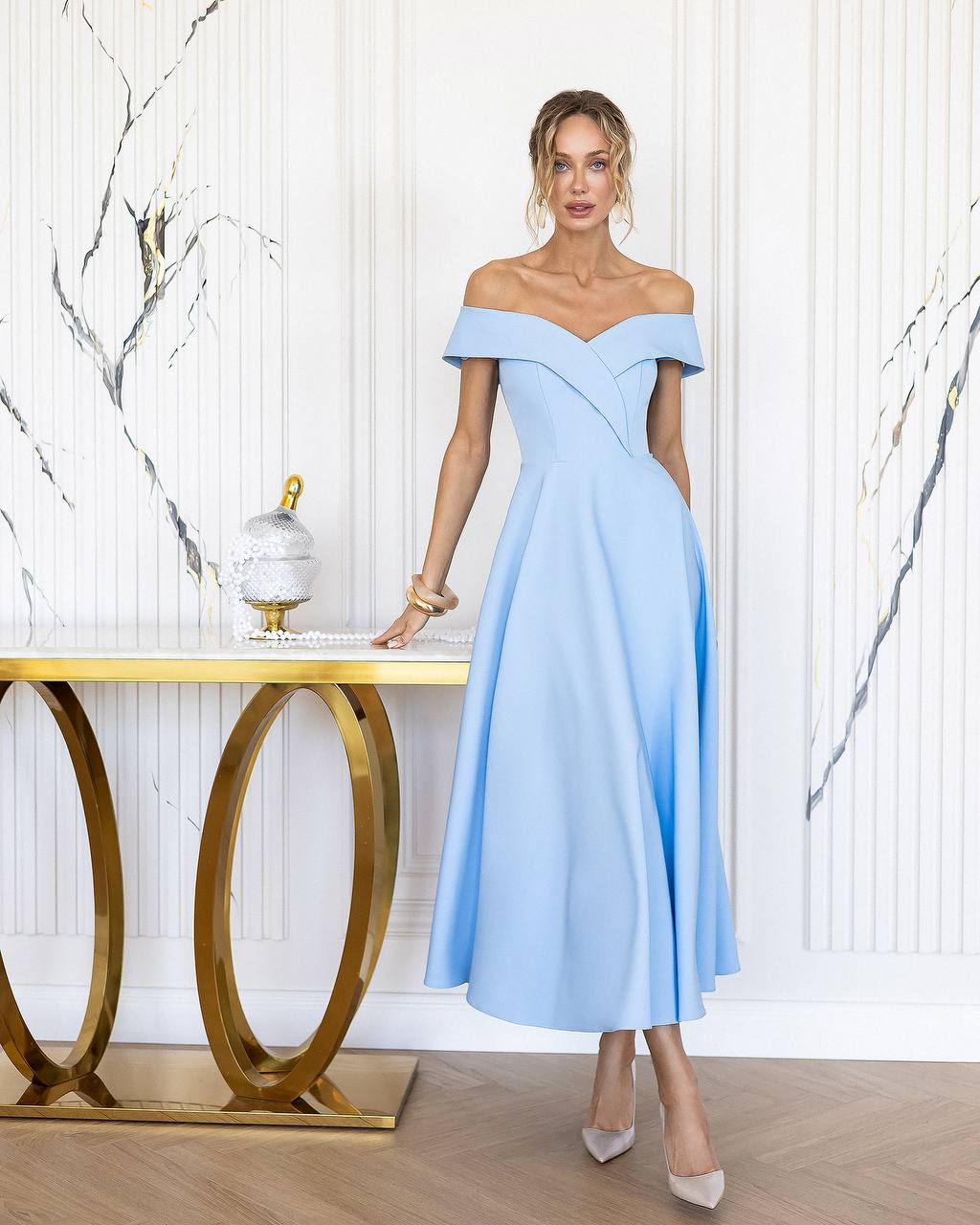 Cosima Sky-Blue Off-The-Shoulder A-Line Midi Dress – ELAGIA