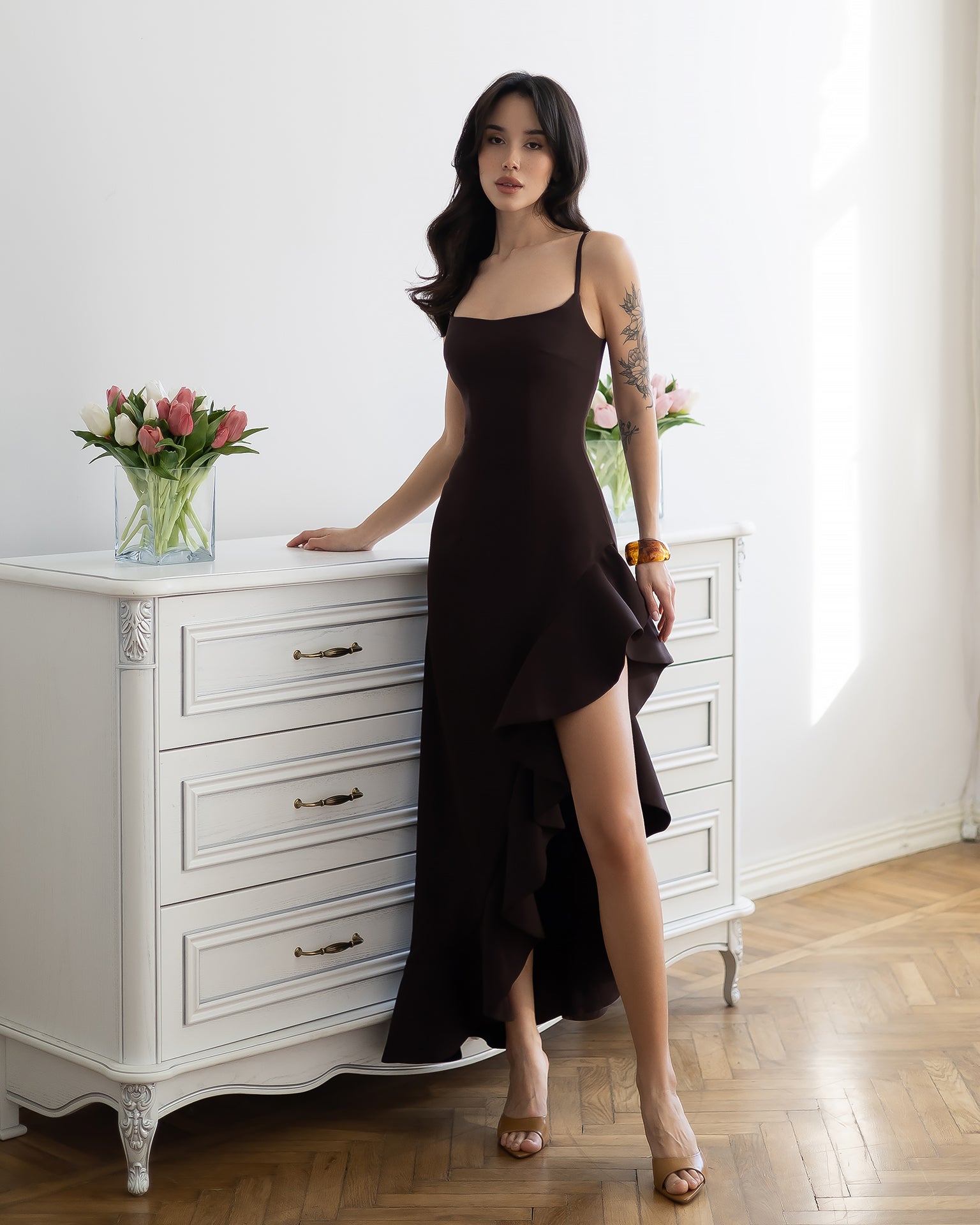 Bianca Brown Asymmetric Ruffled Slip Midi Dress - front view | ELAGIA