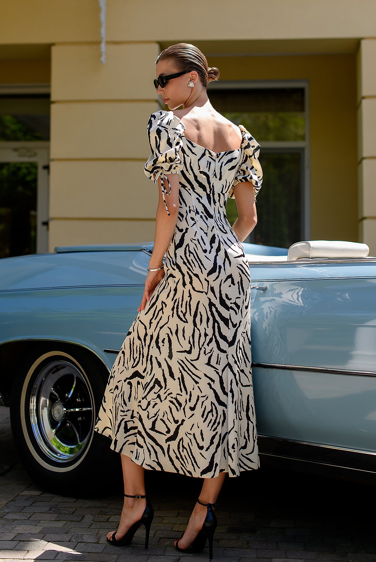 White-Black Floral-Print Puff Sleeve Midi Dress - side view | ELAGIA
