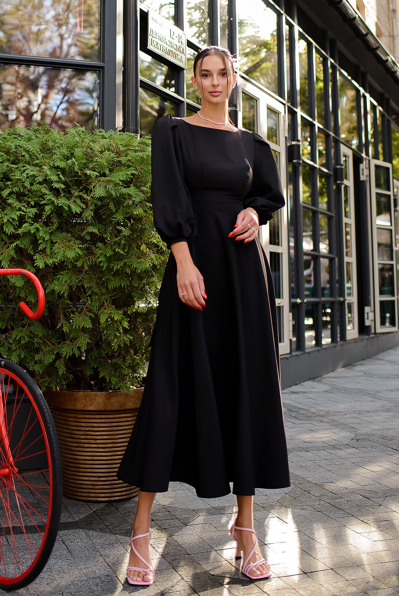 Black Backless Puff Sleeve Midi Dress - front view | ELAGIA
