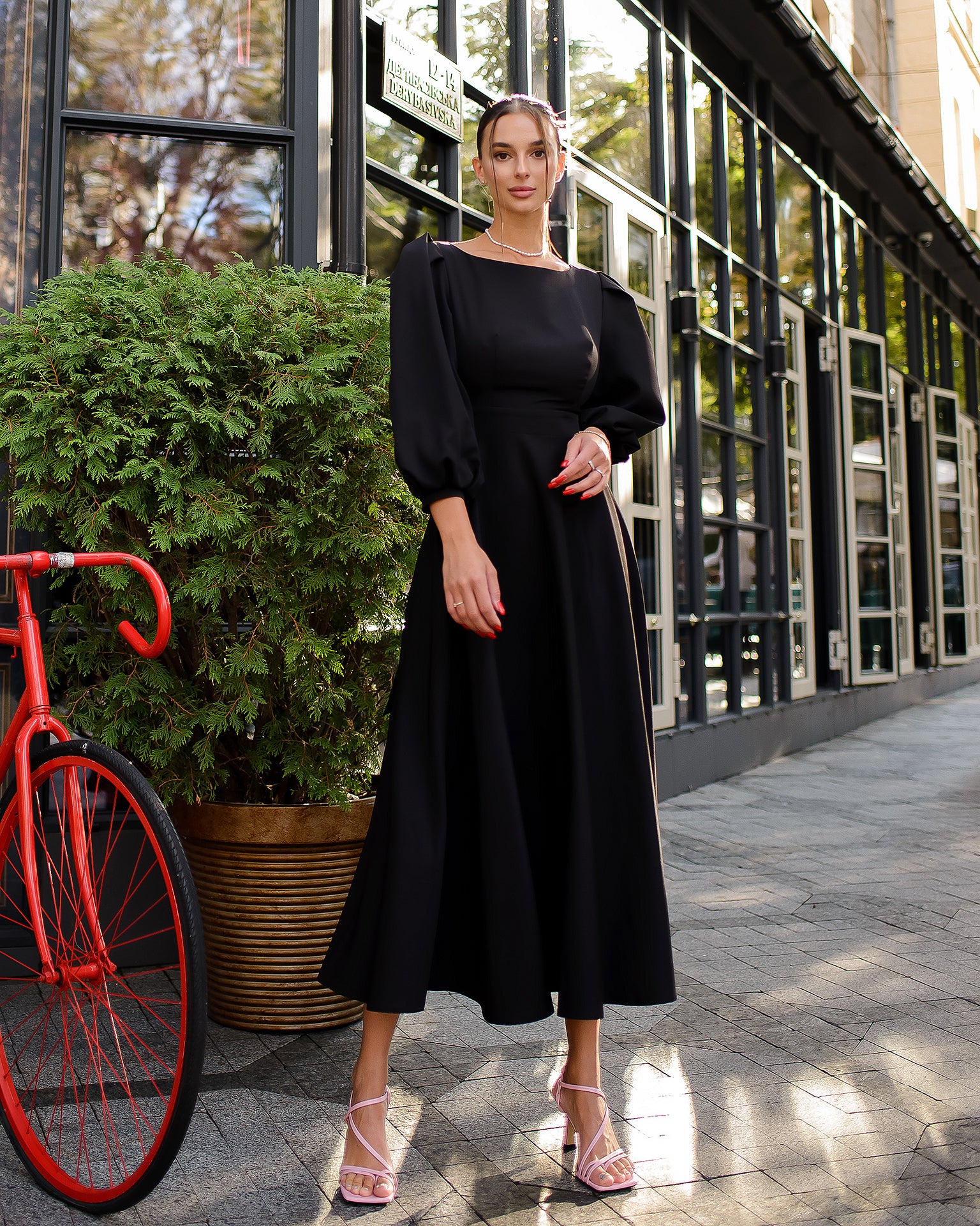Black Backless Puff Sleeve Midi Dress - front view | ELAGIA