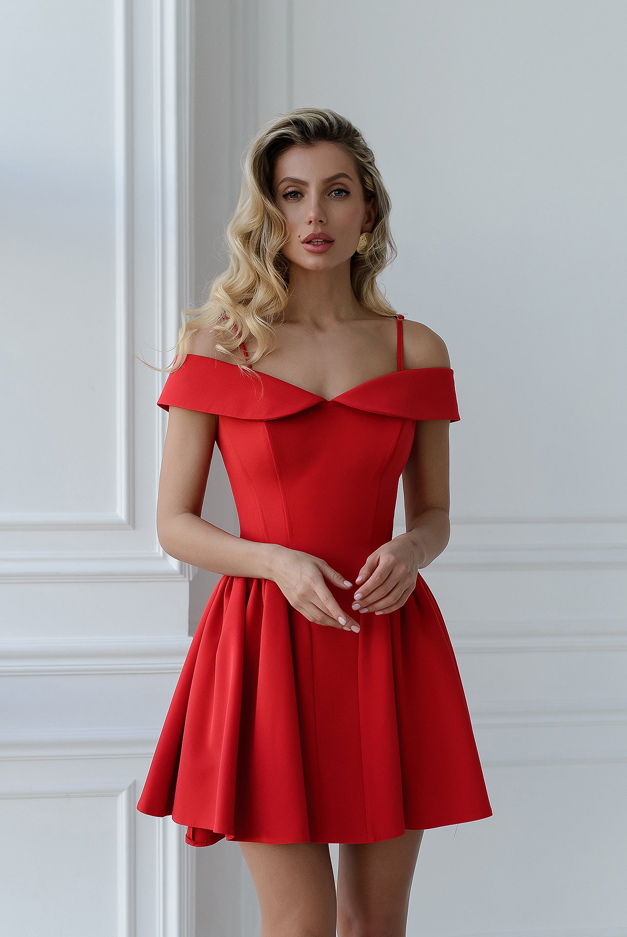 Red Off-The-Shoulder Mini Dress - back view | ELAGIA