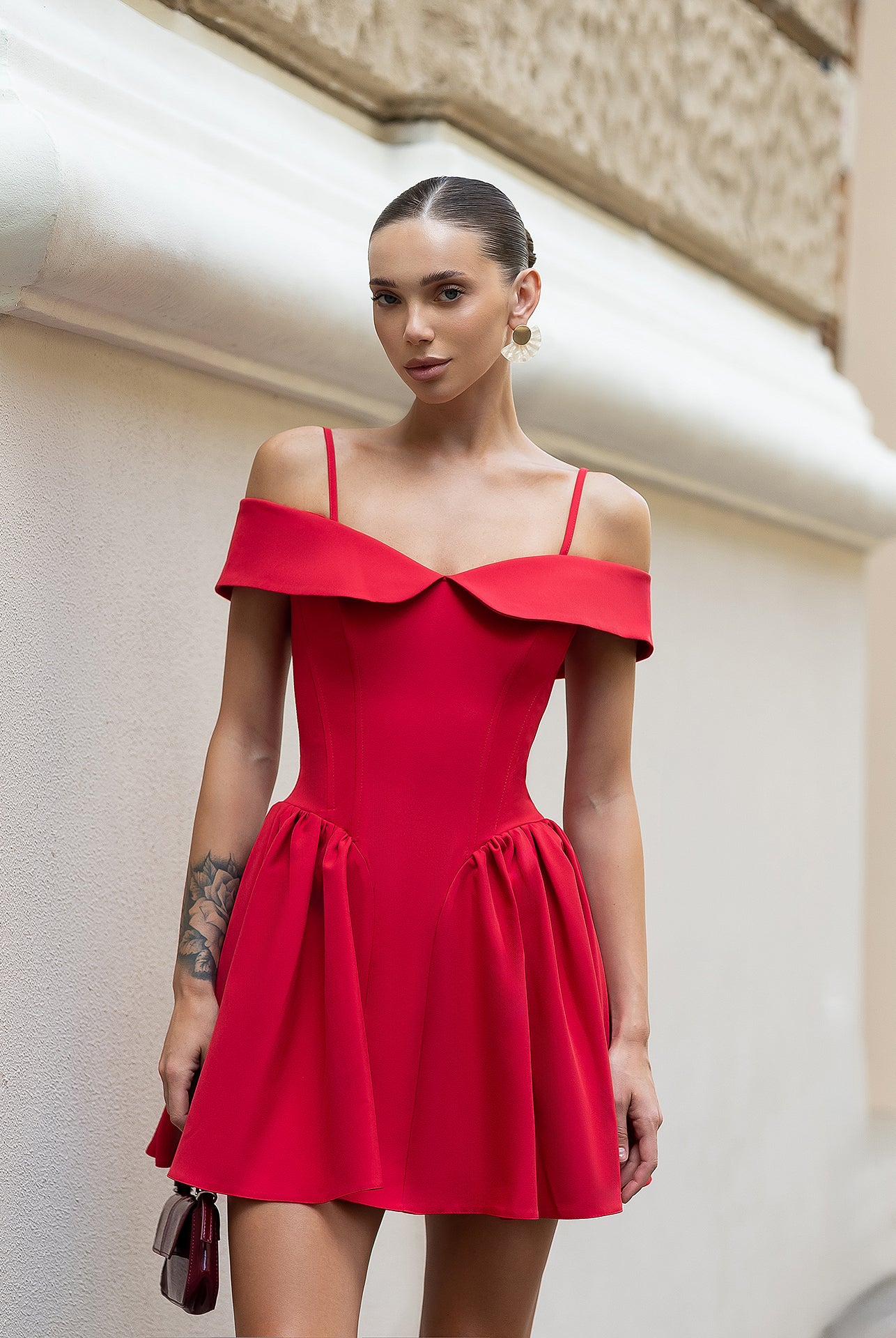 Red Off-The-Shoulder Mini Dress - view 6 | ELAGIA