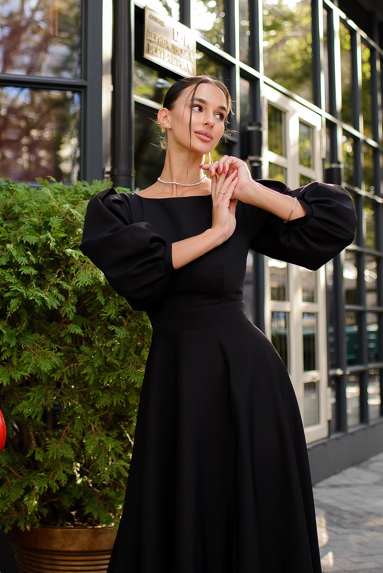 Black Backless Puff Sleeve Midi Dress - back view | ELAGIA