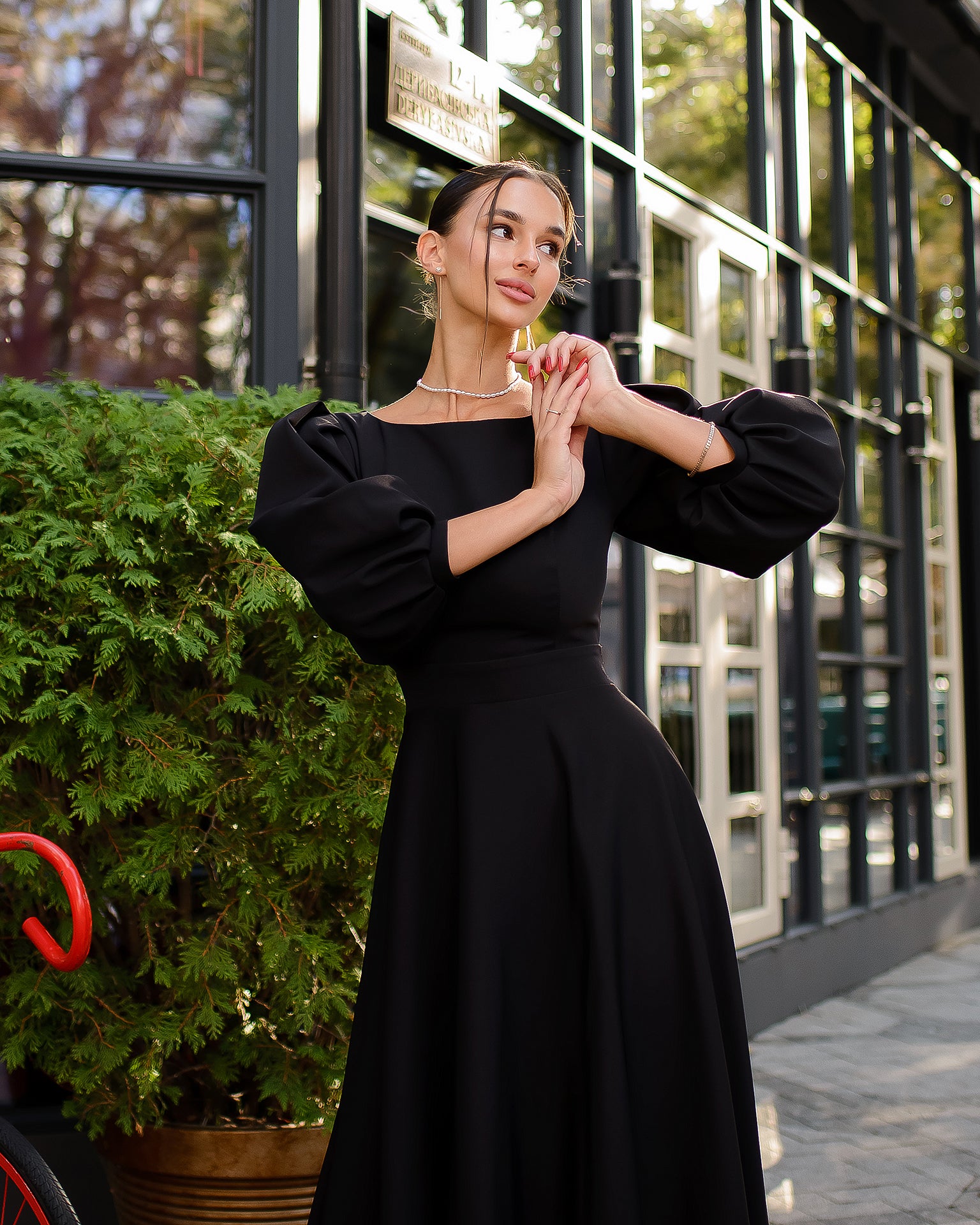 Black Backless Puff Sleeve Midi Dress - back view | ELAGIA