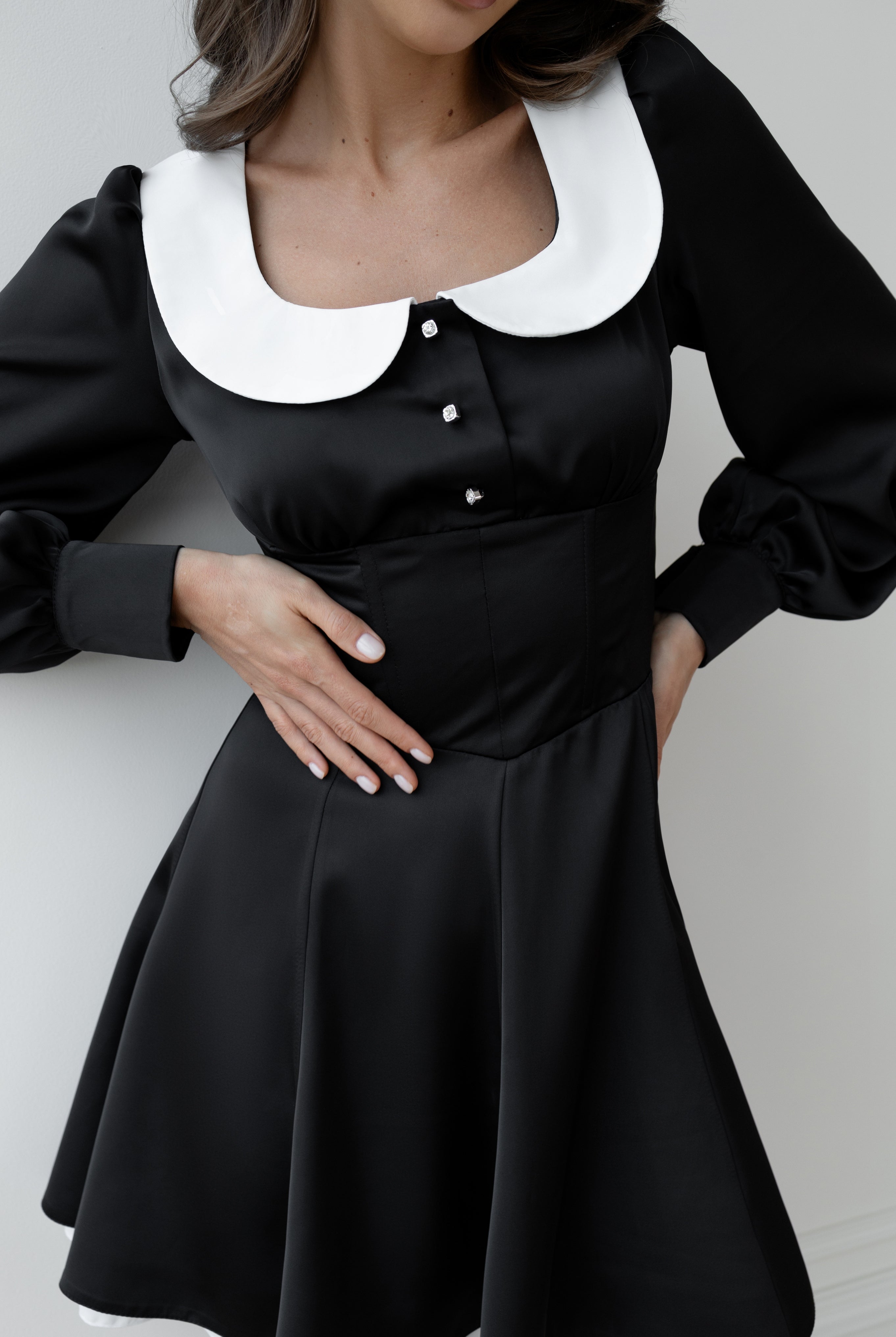Black Collared Puff-Sleeve Mini Dress - close-up detail | ELAGIA