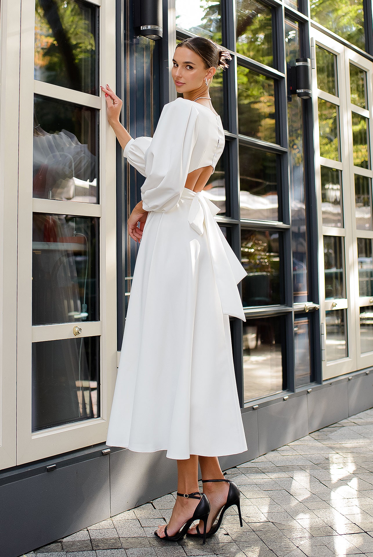 White Backless Puff Sleeve Midi Dress - side view | ELAGIA