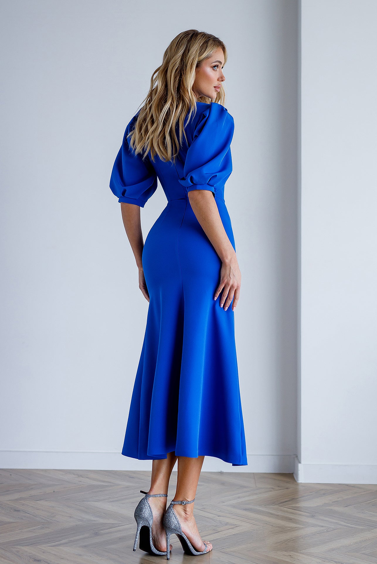 Blue Puff-Sleeve Midi Dress - side view | ELAGIA