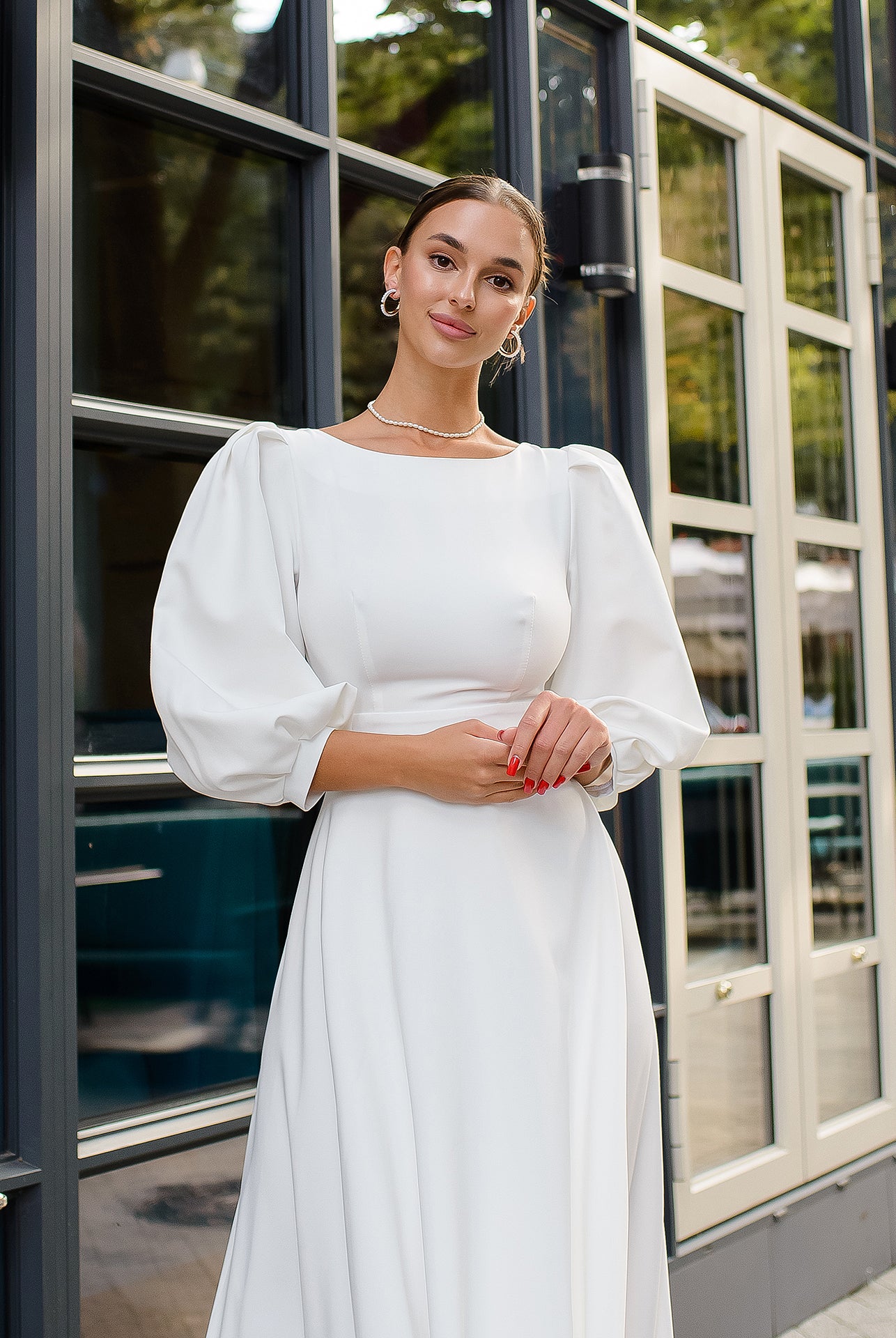 White Backless Puff Sleeve Midi Dress - close-up detail | ELAGIA