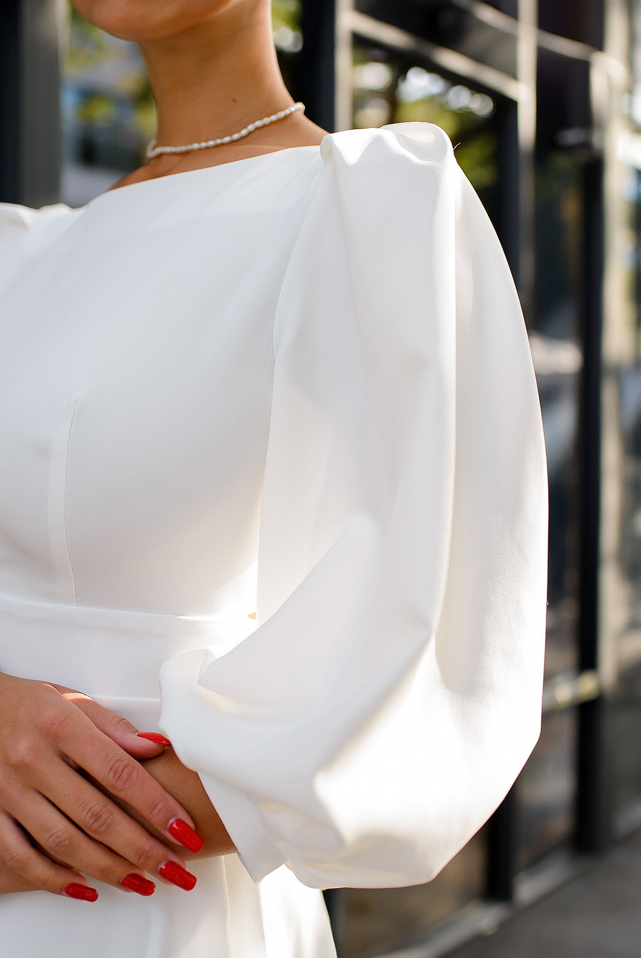 White Backless Puff Sleeve Midi Dress - back view | ELAGIA