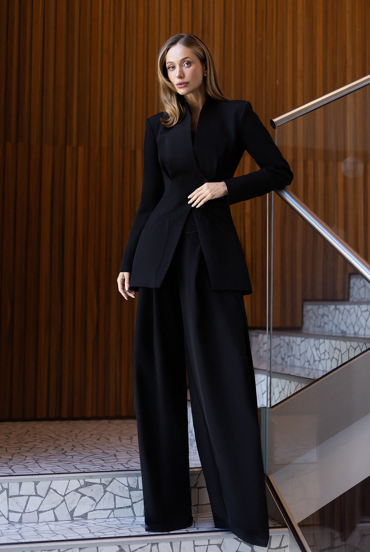 ELAGIA Avra Black Asymmetric Double-Breasted Longline Blazer Suit 2-Piece button detail - purple business suit women style