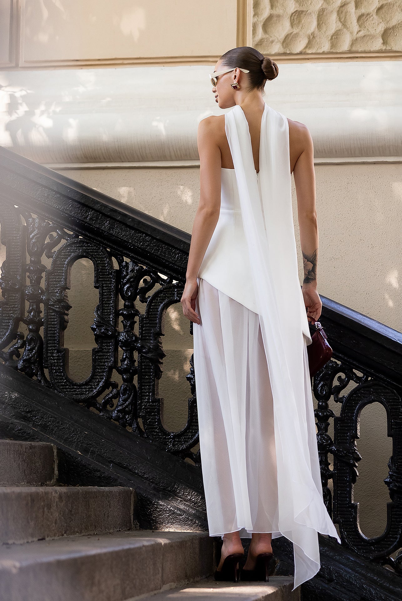 White Strapless Back Scarf Overskirt Maxi Dress - styled look | ELAGIA