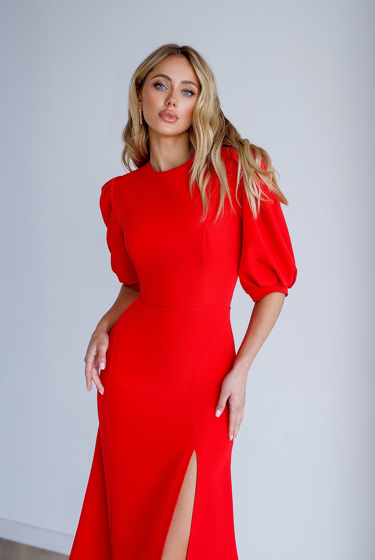 Red Puff-Sleeve Midi Dress - view 6 | ELAGIA