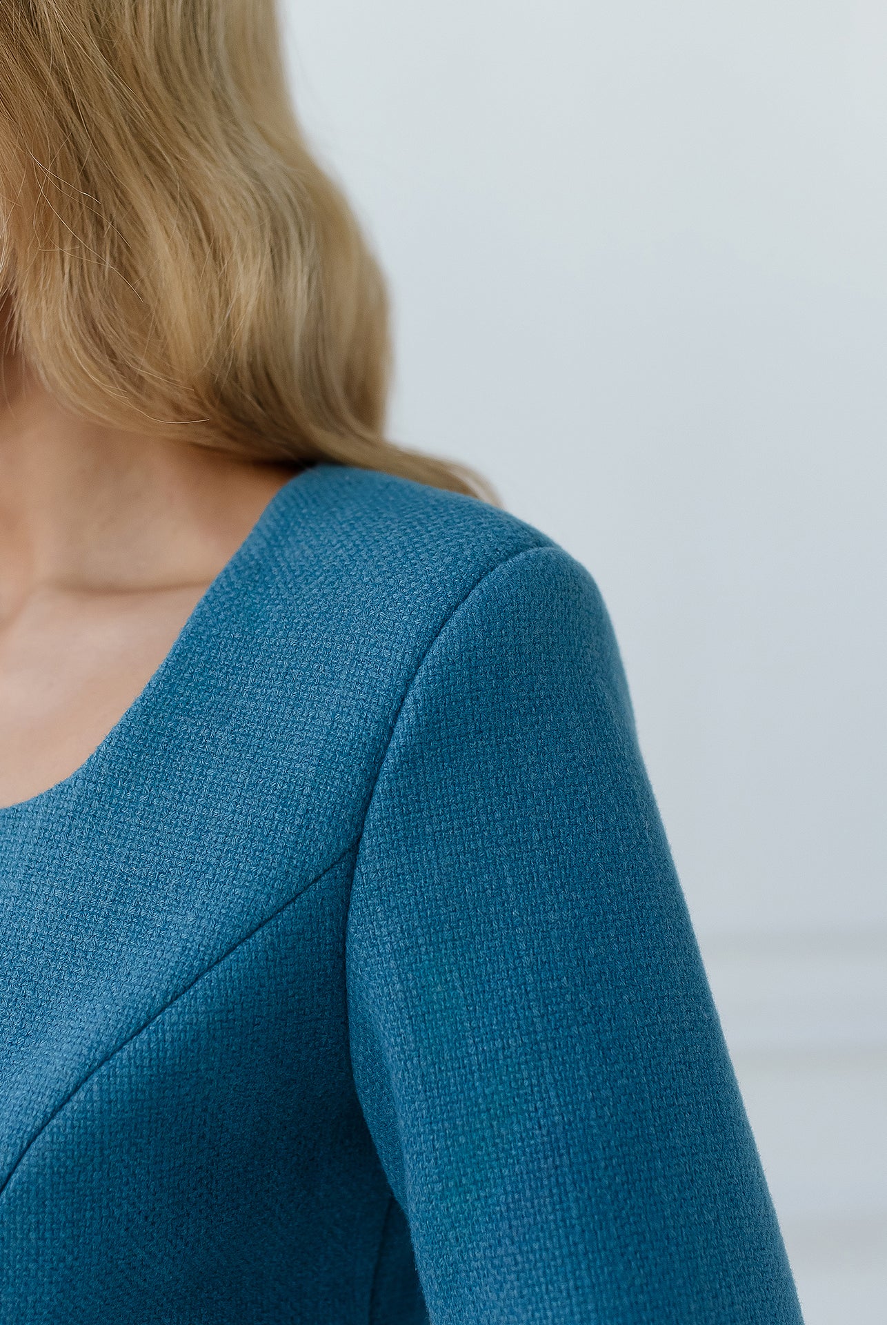 Blue Collarless Tweed Skirt Suit 2-Piece - close-up detail | ELAGIA